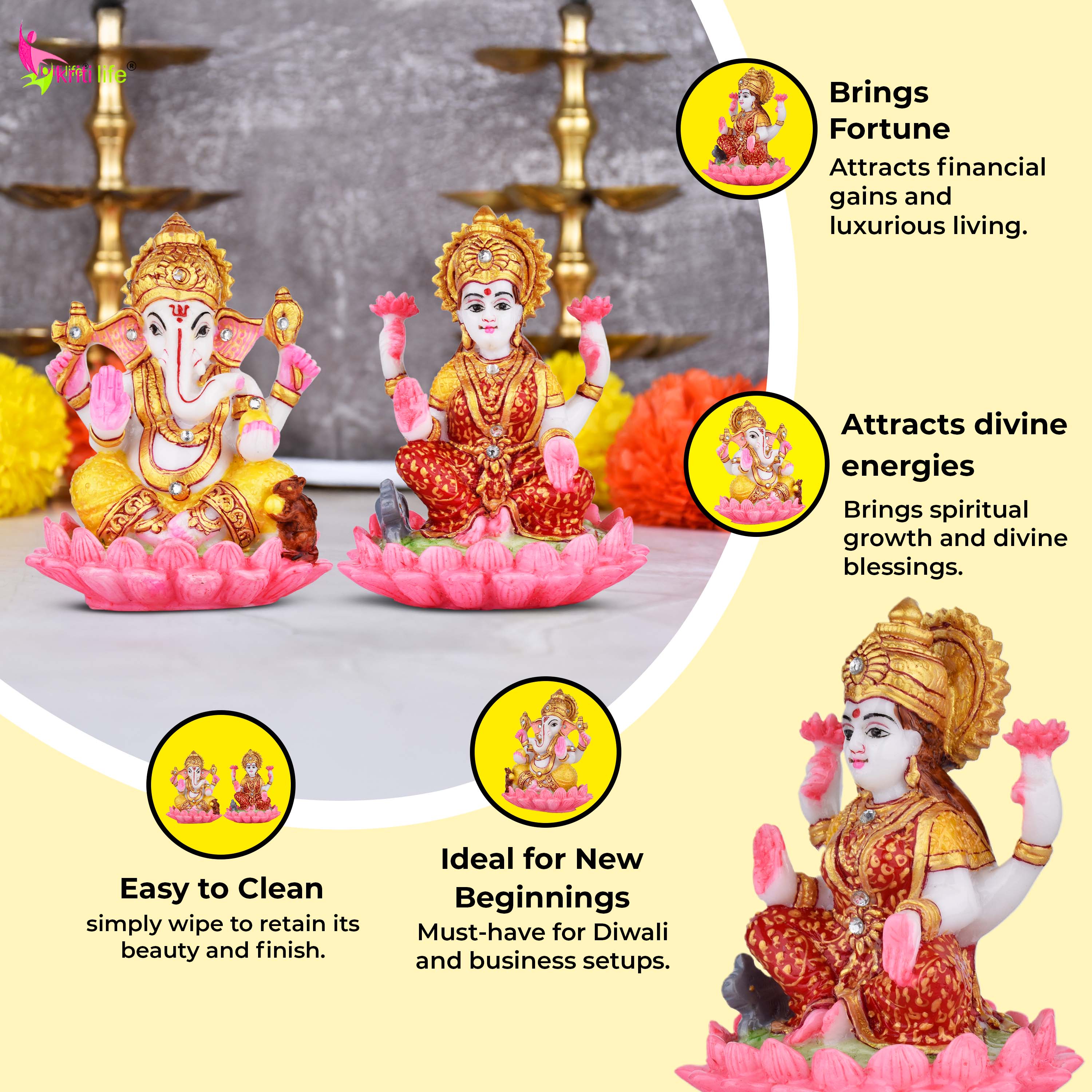 Laxmi Ganesh Sitting On Lotus Marble Idol 7 Inch