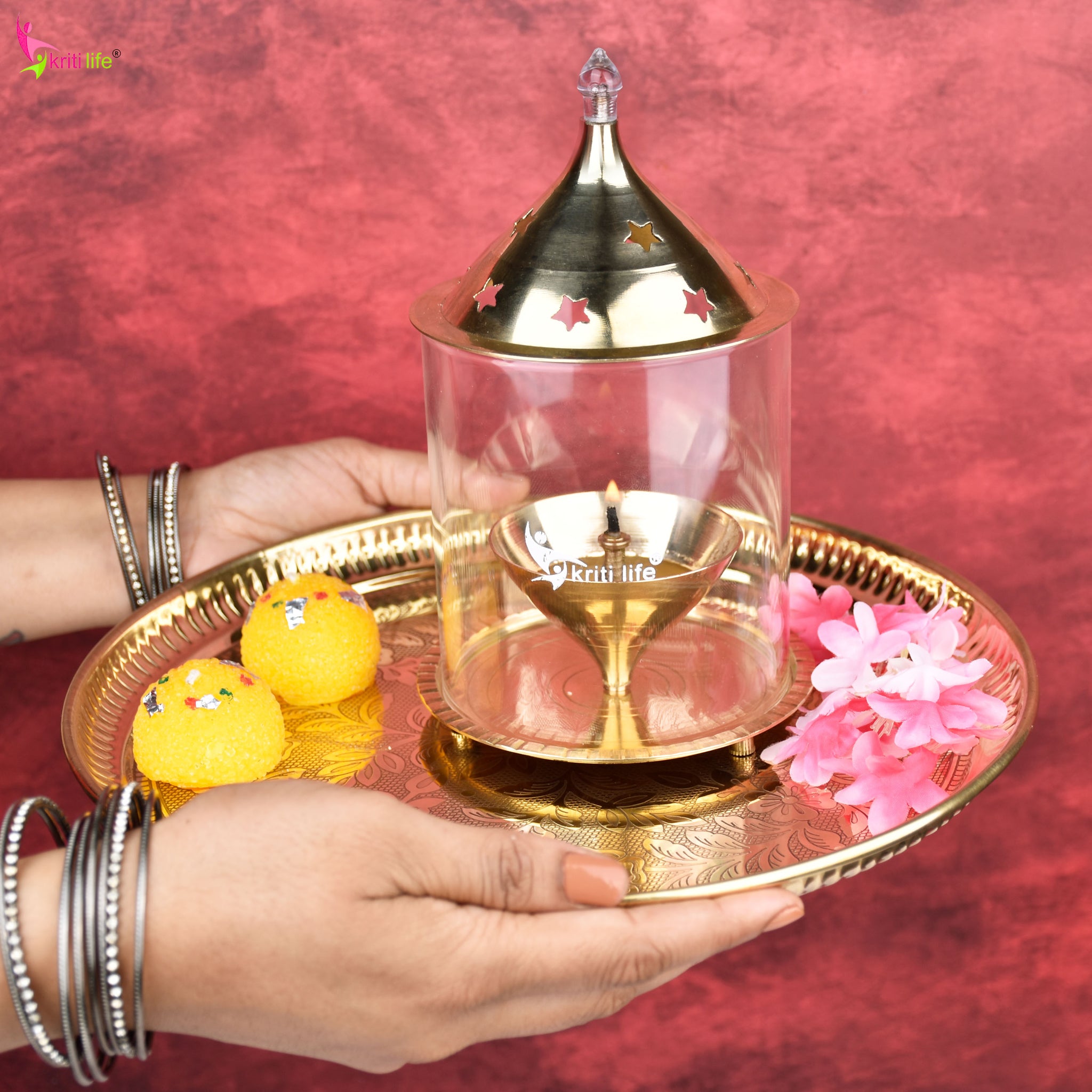 Kriti Life Akhand Jyot Diya– Medium Size– Brass Diya with Glass Cover for Safe and Continuous Flame | 6 inches