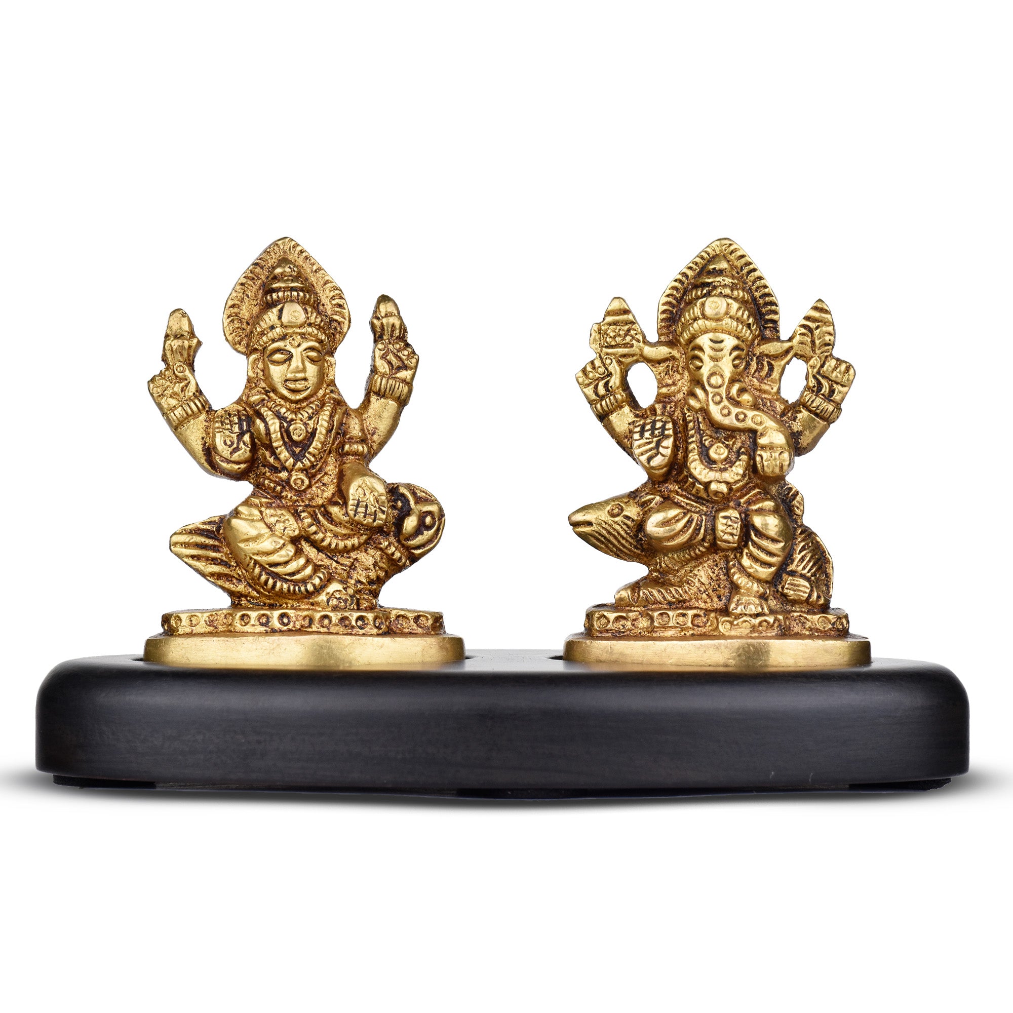 Mini Brass Lakshmi Ganesh Idol Set on Wooden Base | 3 inches | – Antique Finish for Diwali, Pooja & Gifting