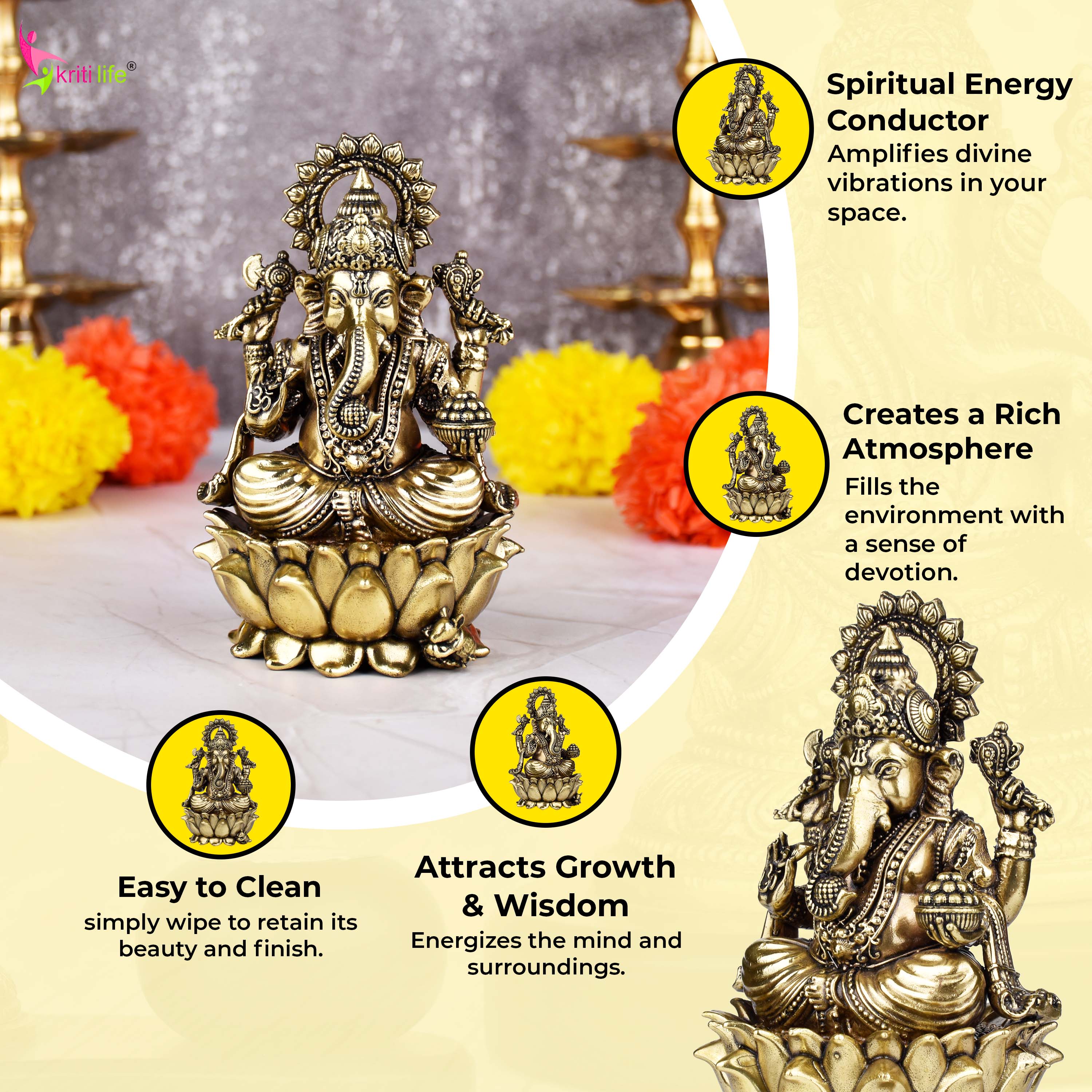 Brass Lord Ganesha Idol | Handcrafted  Brass Ganpati Murti Sitting on Lotus 5 inches for Home Temple, Office Decor & Gift