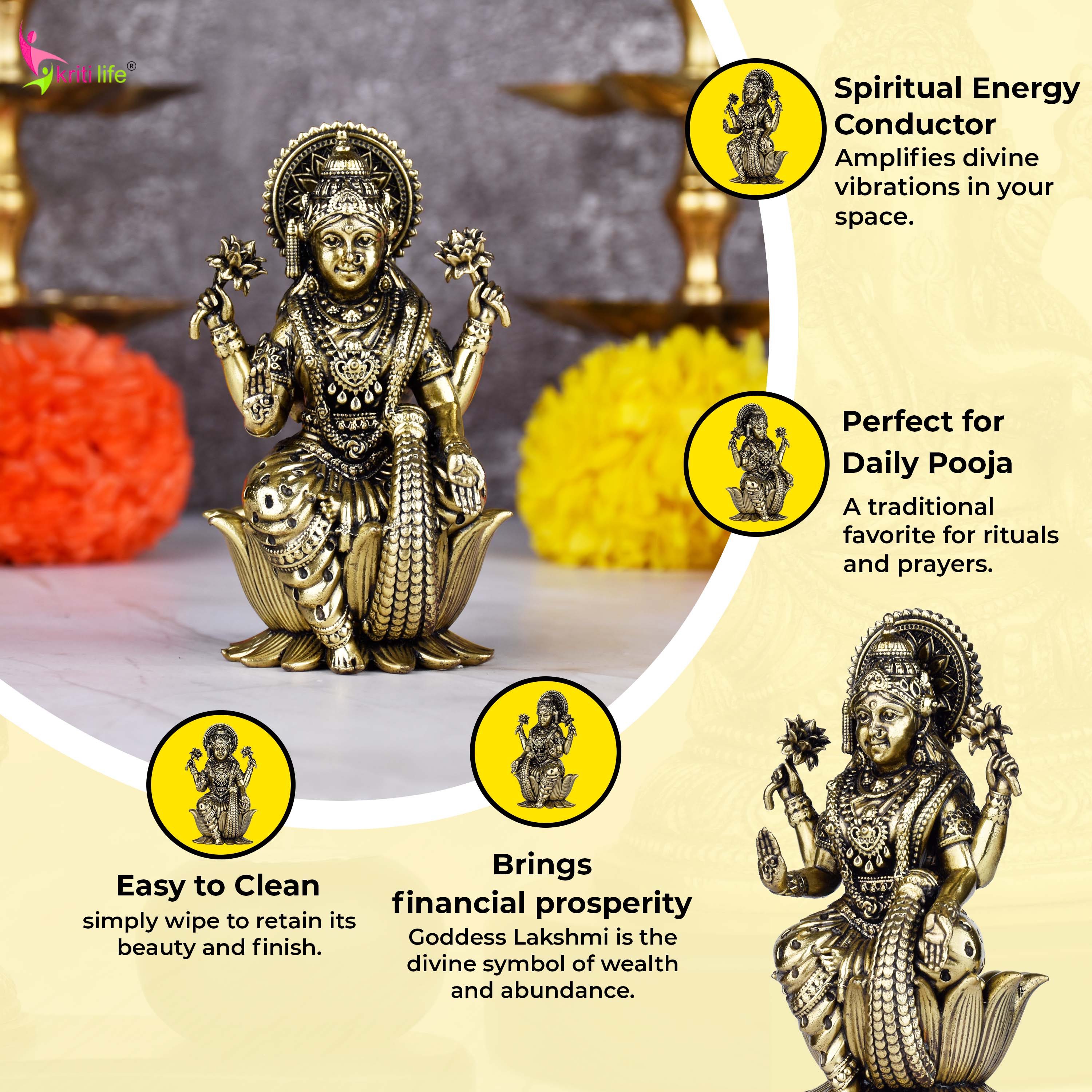 Brass Goddess Lakshmi Idol Sitting on Lotus – Antique Finish Statue 4 inches for Wealth & Prosperity