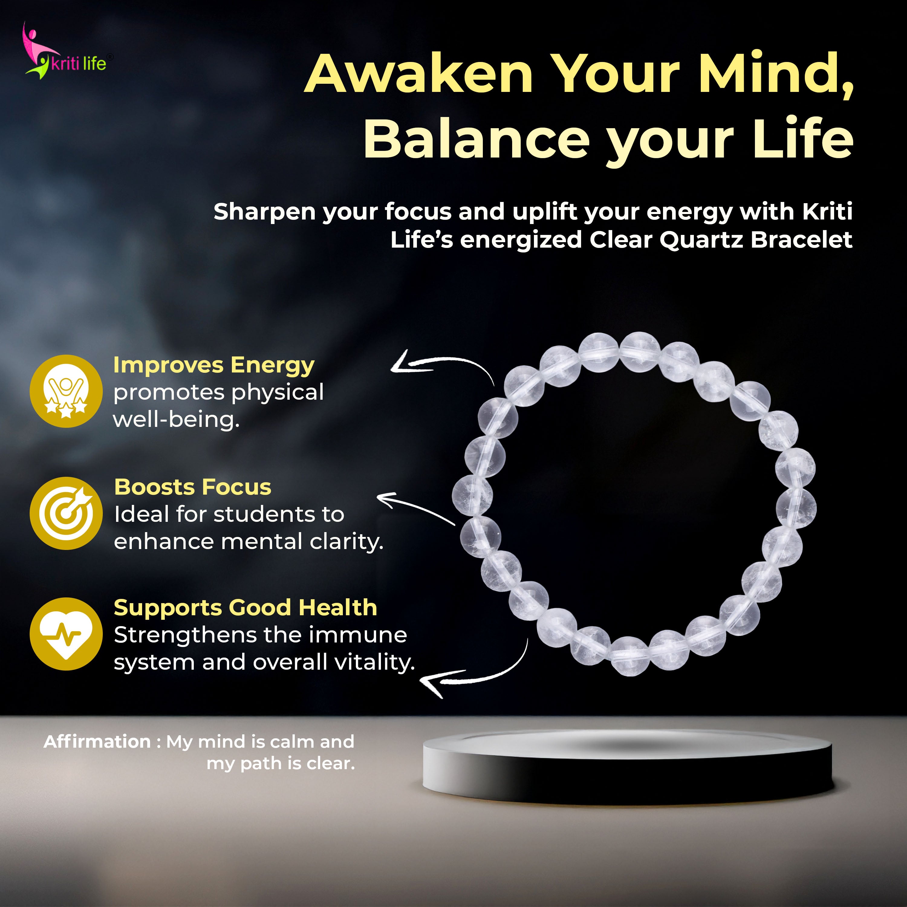 Natural Clear Quartz crystal Bracelet 6mm – Natural Crystal for Clarity & Focus