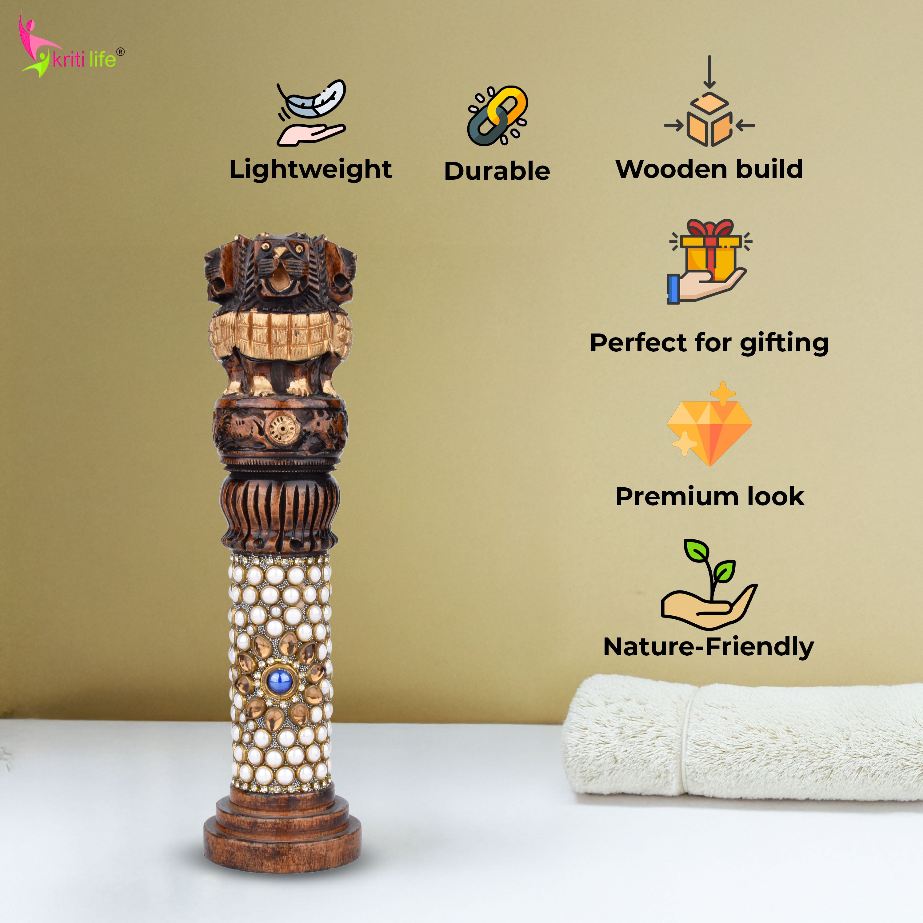 Wooden Ashok Stambh | National Emblem of India with Stone Work | 7.5 inches