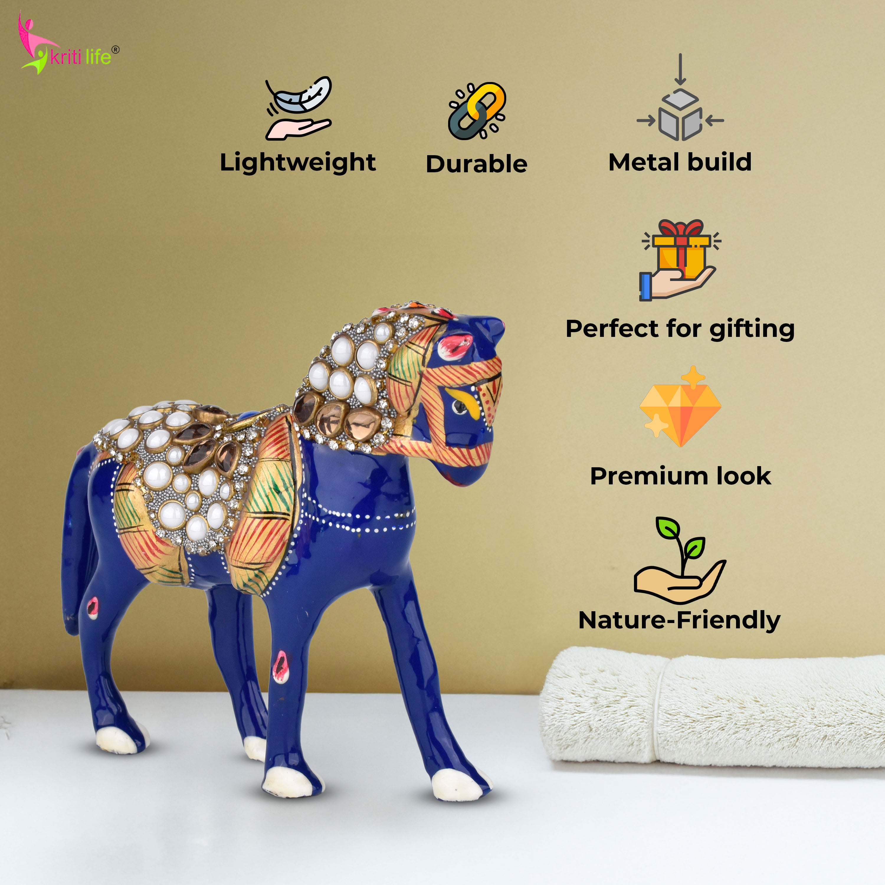 Handcrafted Royal Horse Showpiece | Enamel & Stone Decor | Aluminium | 4 inches