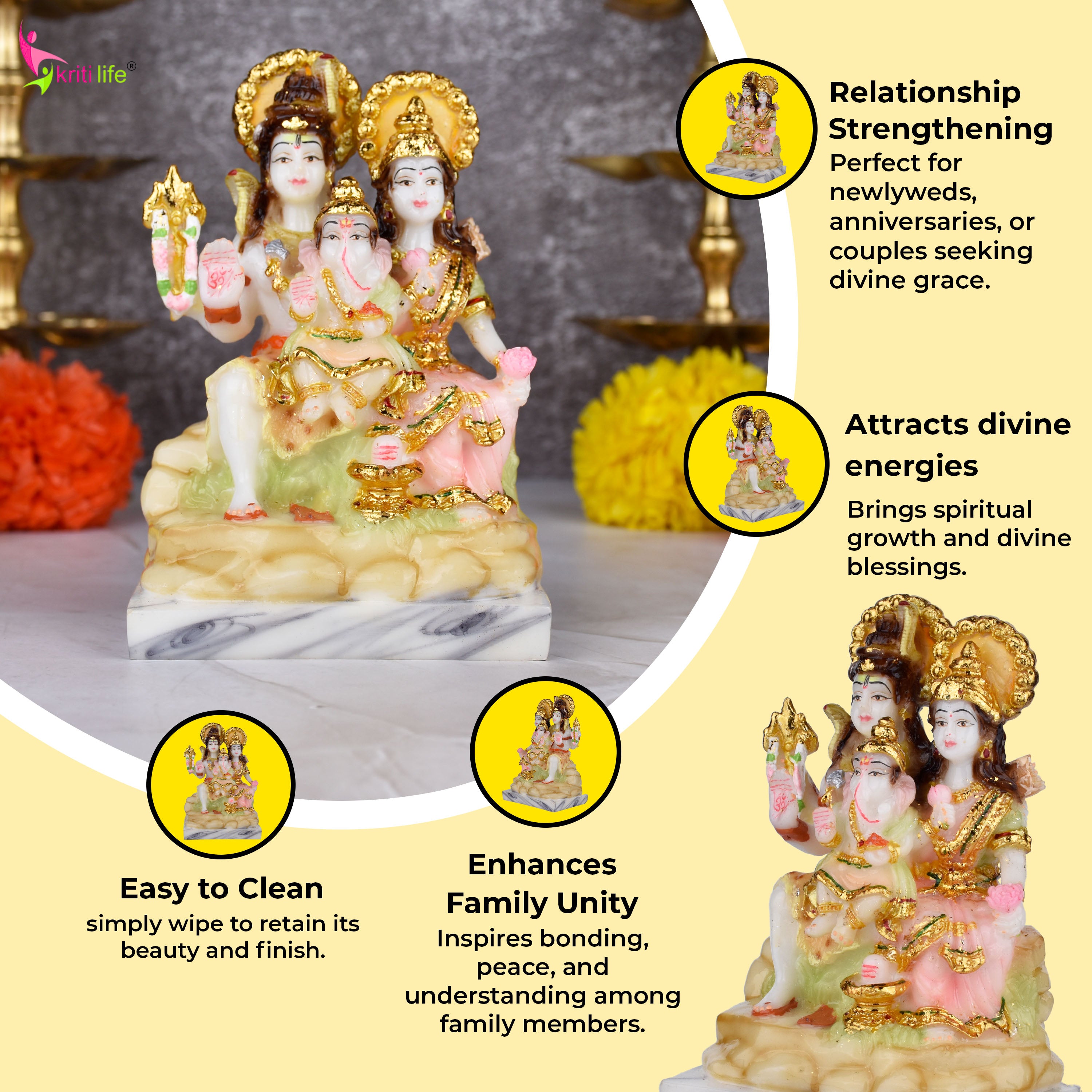 Shiva Parivar Idol | Lord Shiva, Parvati & Ganesha Statue in Poliresin – 5 inches - Multicolor Finish