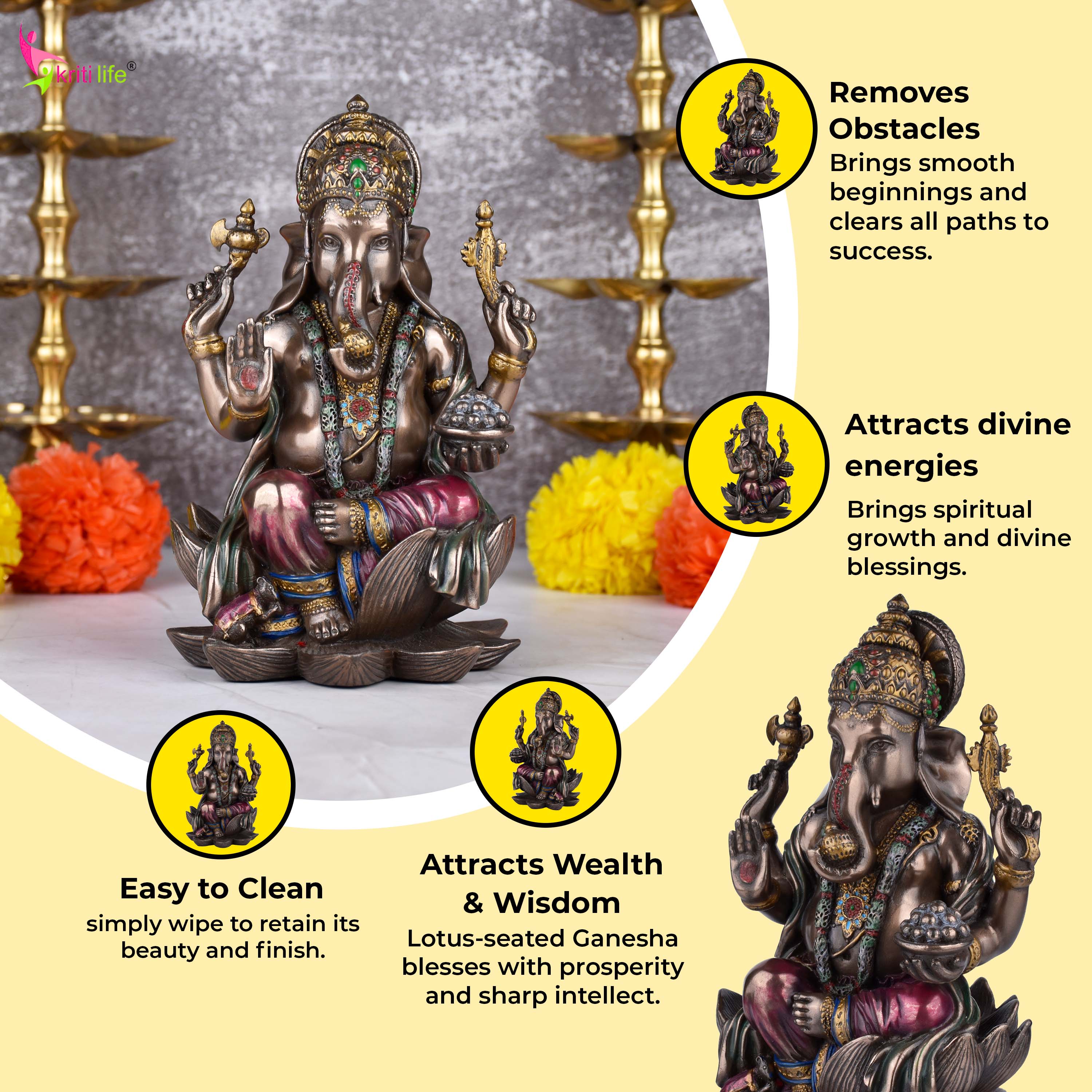 Lord Ganesha Idol | Antique Finish | 7.5 inches | Polyresin Ganpati Statue for Home, Office & Gifting
