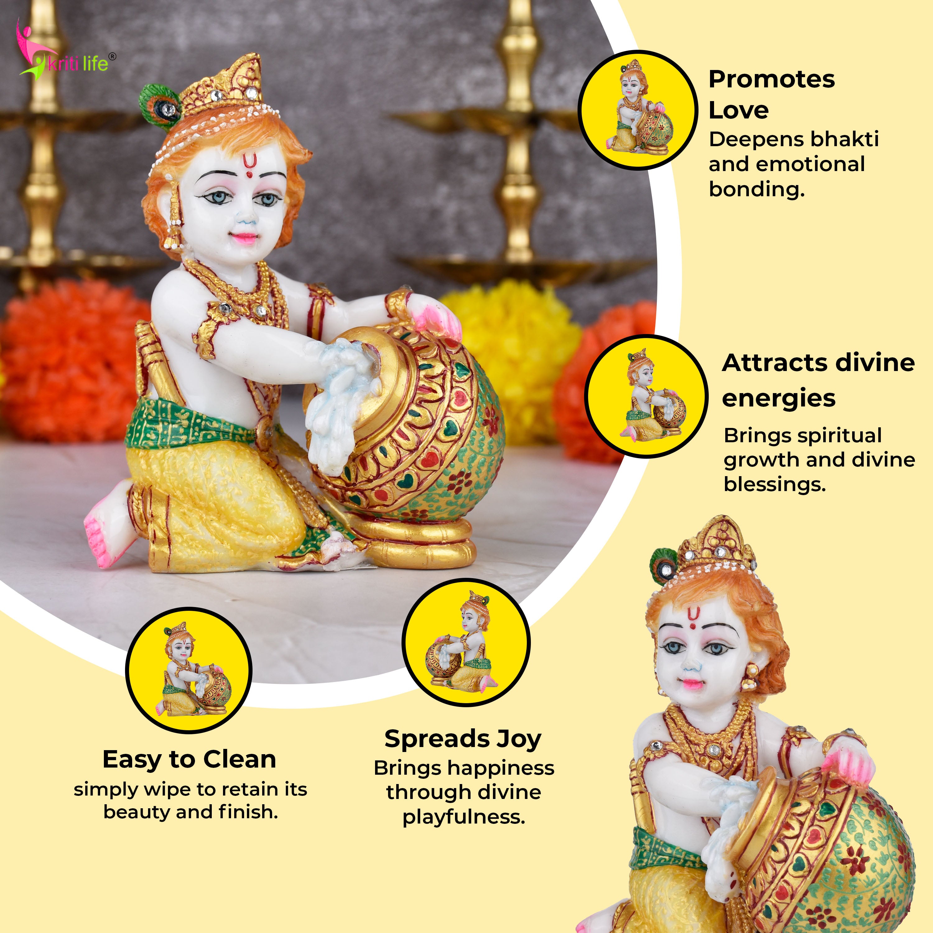 Bal Krishna Idol | 4.5 inches | – Marble Dust Makhan Chor Murti for Home Décor & Pooja