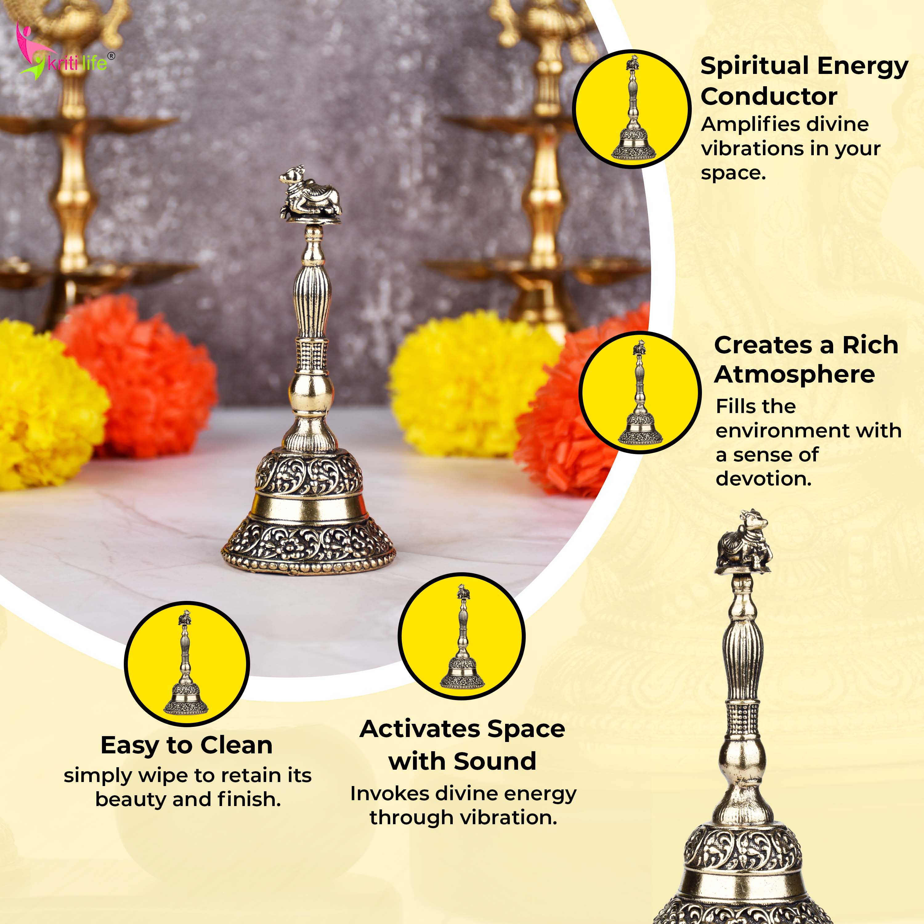 Handcrafted Brass Pooja Bell with Nandi Handle | 4 inches | Temple Ghanti for Daily Aarti