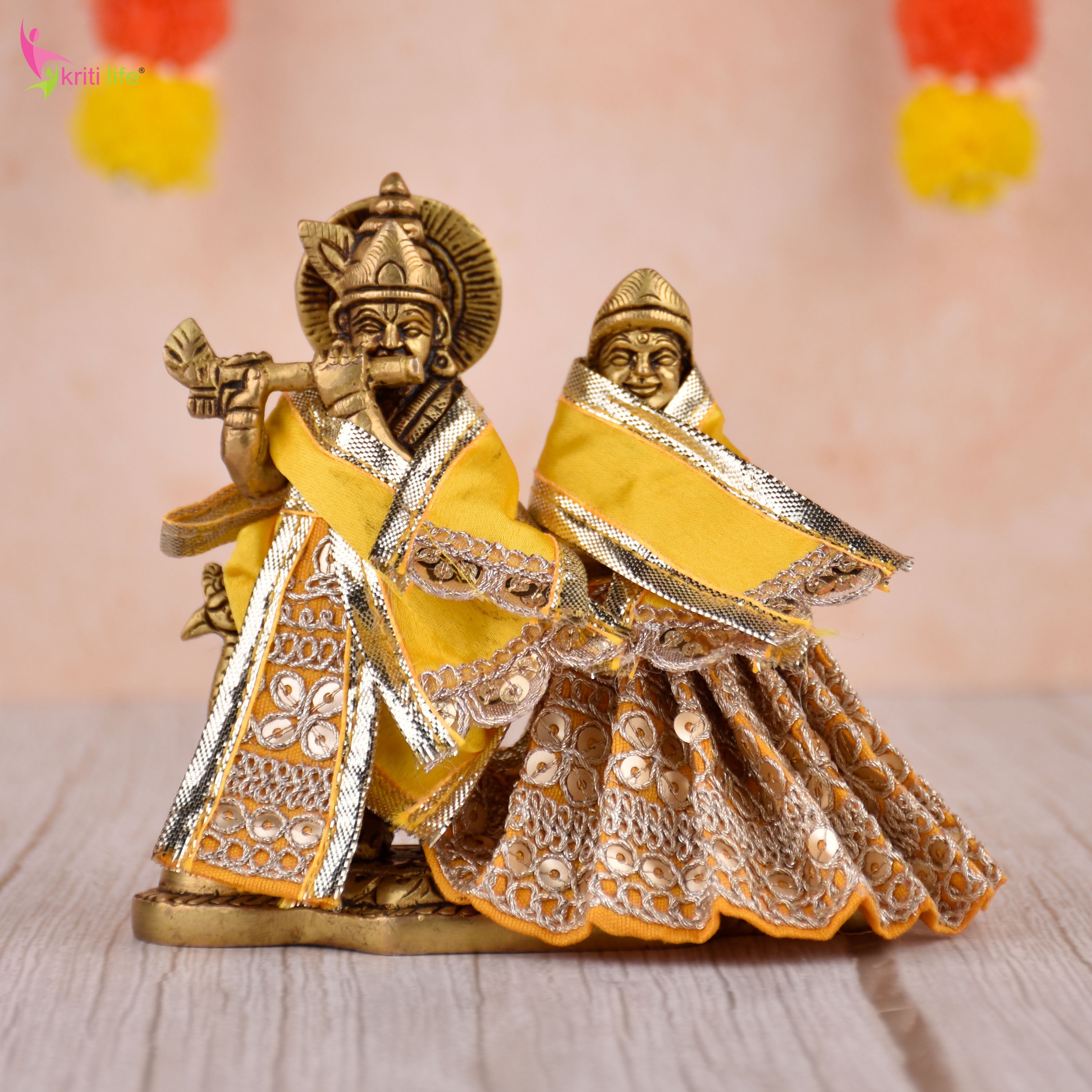 Yellow Radha Krishna Dress Set for 4 Inch Idol – Traditional Vastra with Golden Detailing