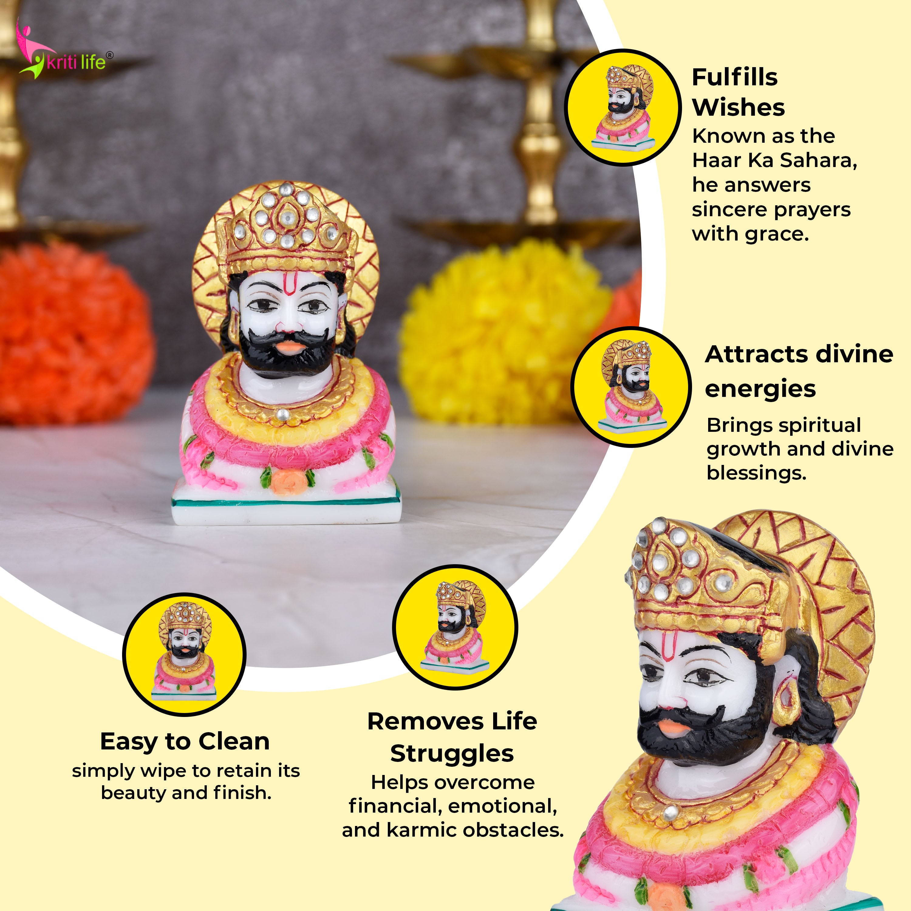 Handcrafted Khatushyam Ji Idol – Marble Dust Statue 3 inches for Home Temple & Décor