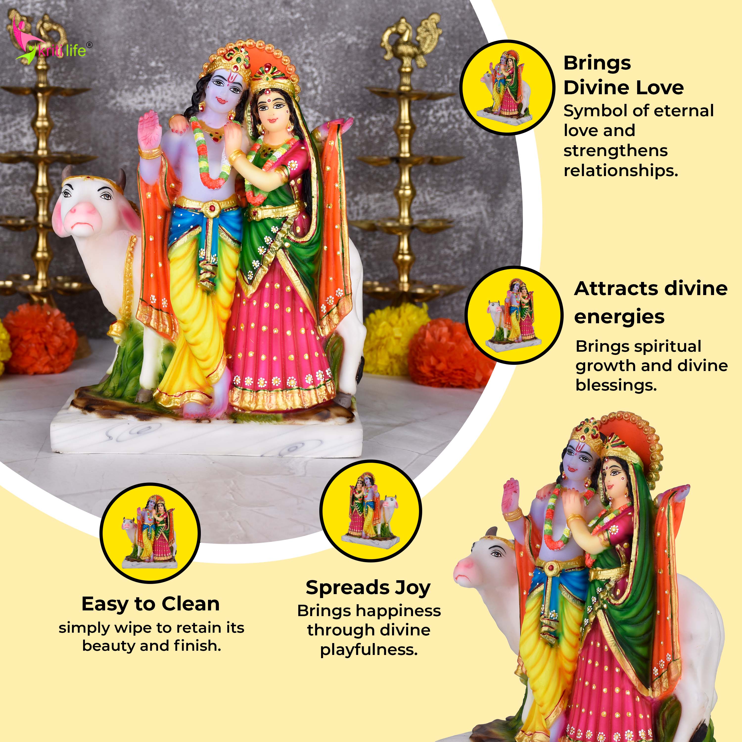 Radha Krishna with Cow Polyresin Idol | 10.5 inches | – Handcrafted Decorative Statue for Home Mandir & Gifting