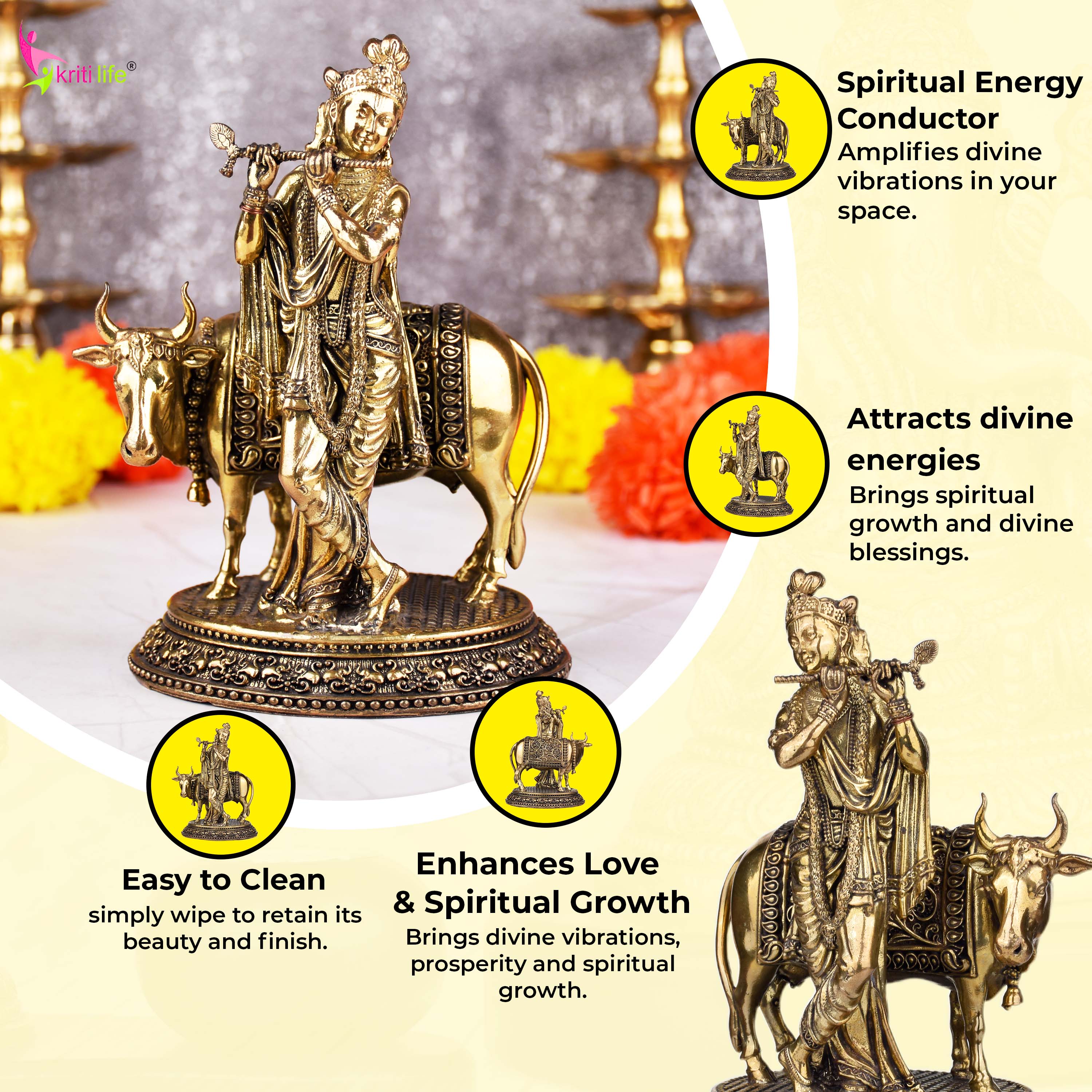 Brass Krishna with Cow Idol – Divine Spiritual Figurine 6.5 inches for Home & Office Décor