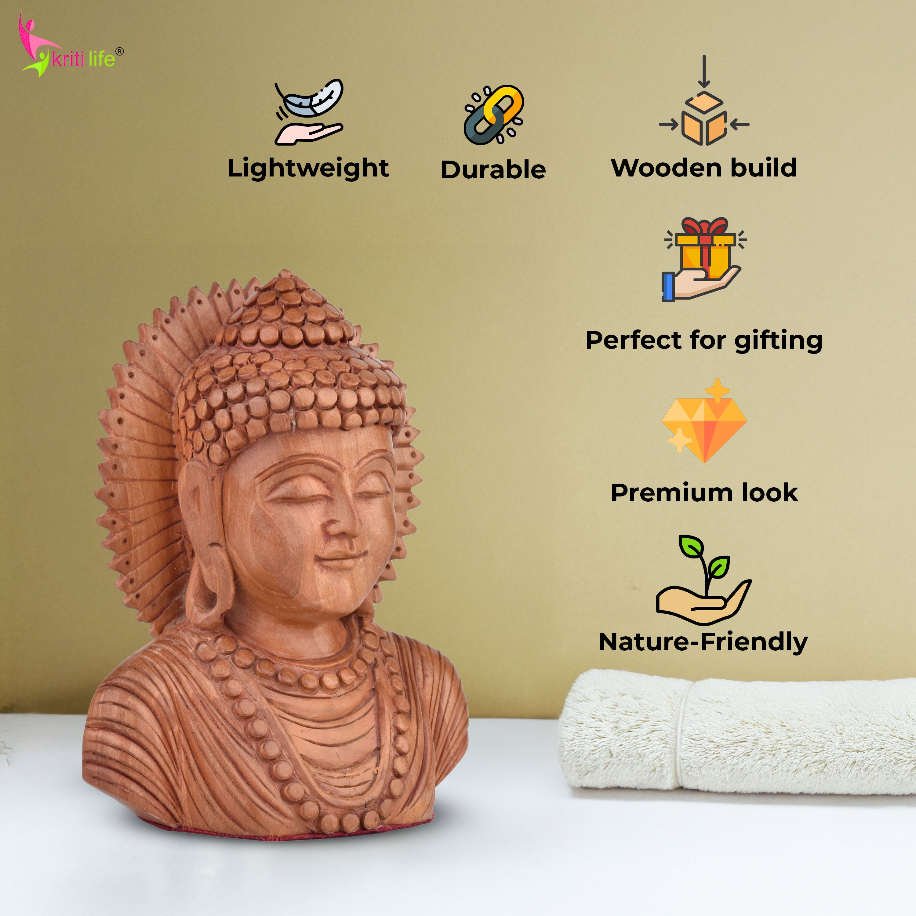 Wooden Buddha Head Showpiece  | Peaceful Decor for Home & Office- 4 inches