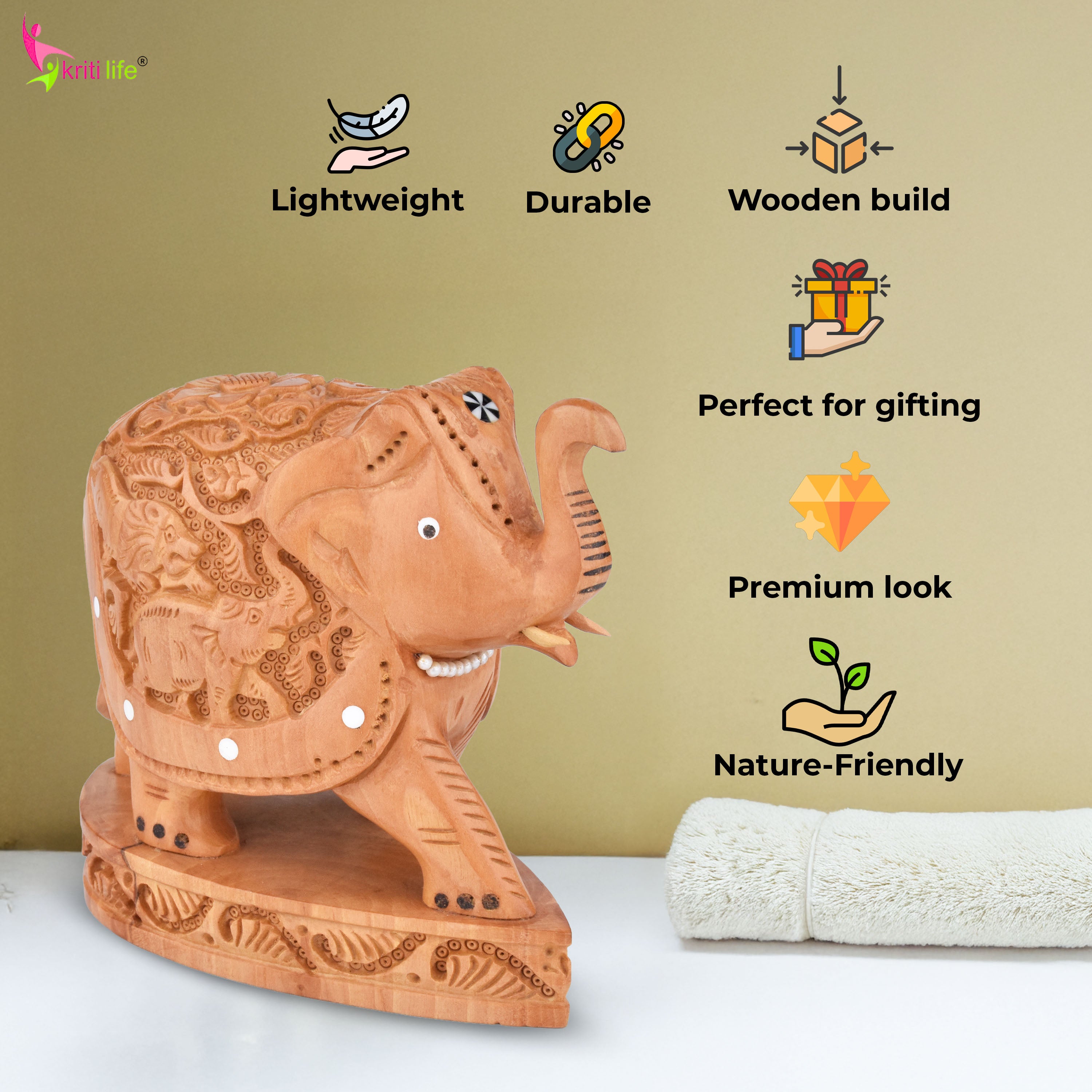 Wooden Elephant Showpiece | Detailed Animal Carving Decor- 5.5 inches
