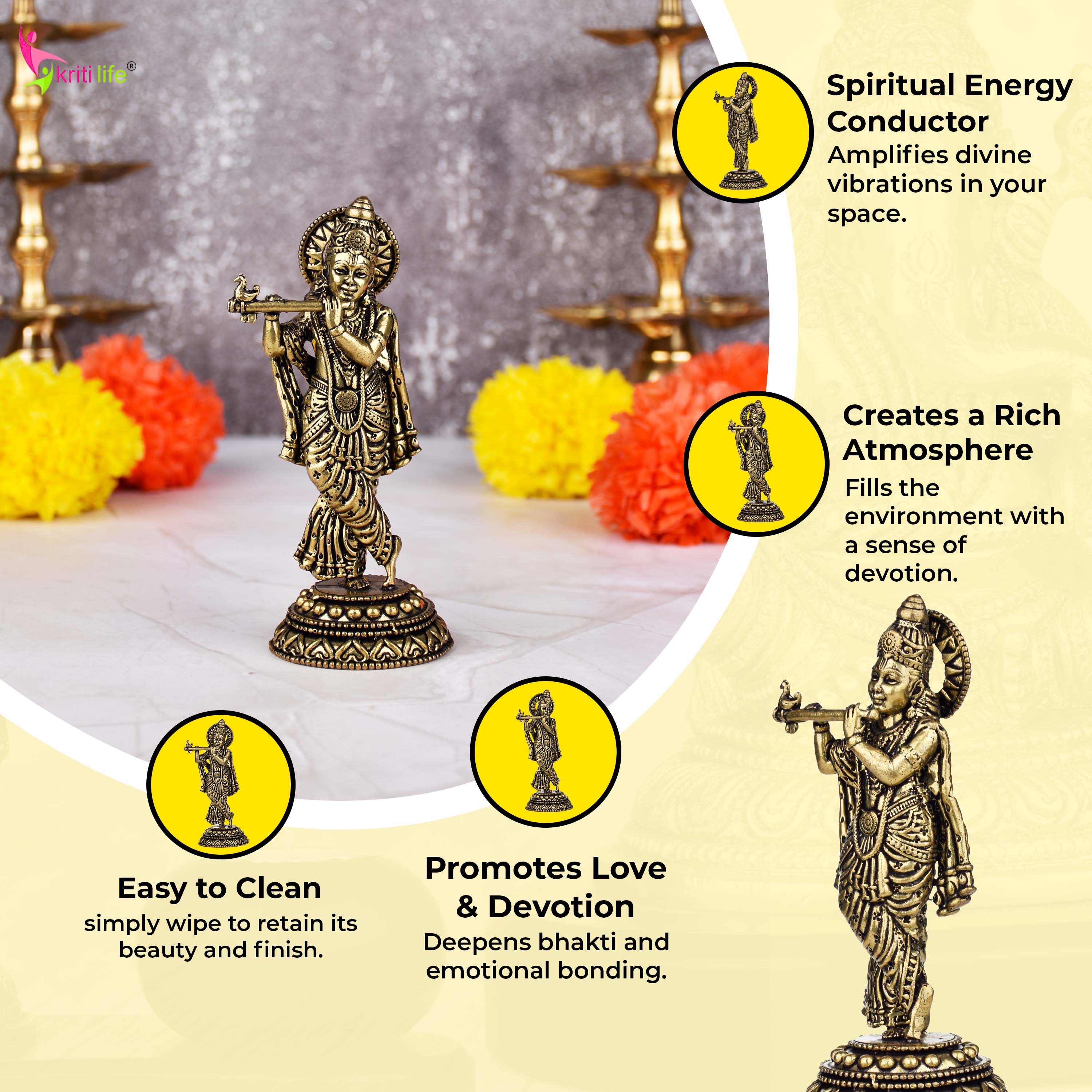 Handcrafted Brass Krishna Idol Playing Flute | 4.5 inches | Lord Krishna Statue for Home &amp; Temple