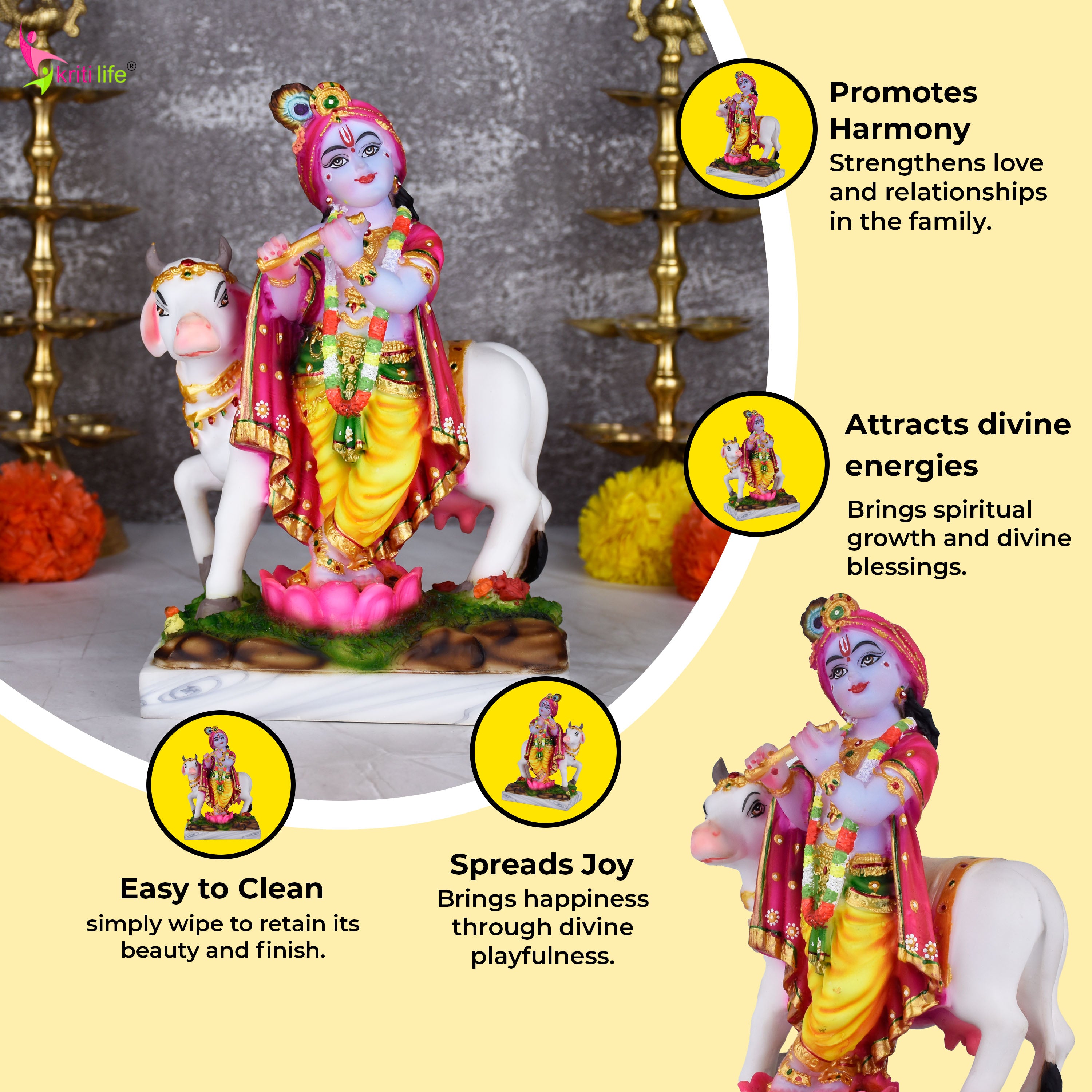 Lord Krishna with Cow Marble Dust Idol | 9.5 inches | – Handcrafted Murti for Home Mandir & Décor