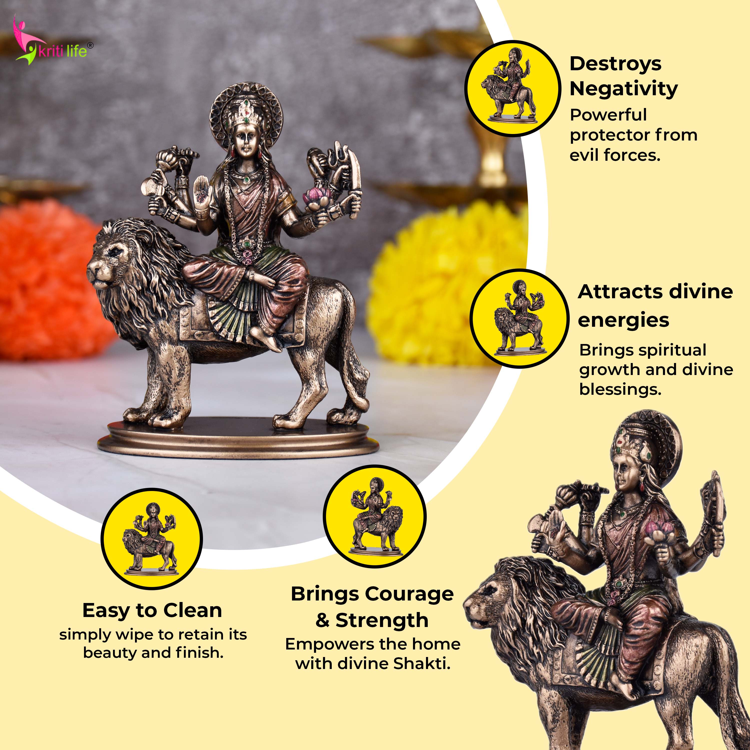 Maa Durga Statue Riding Lion – Handcrafted Polyresin Statue | 3.5 inches | Idol for Pooja Room & Gifting