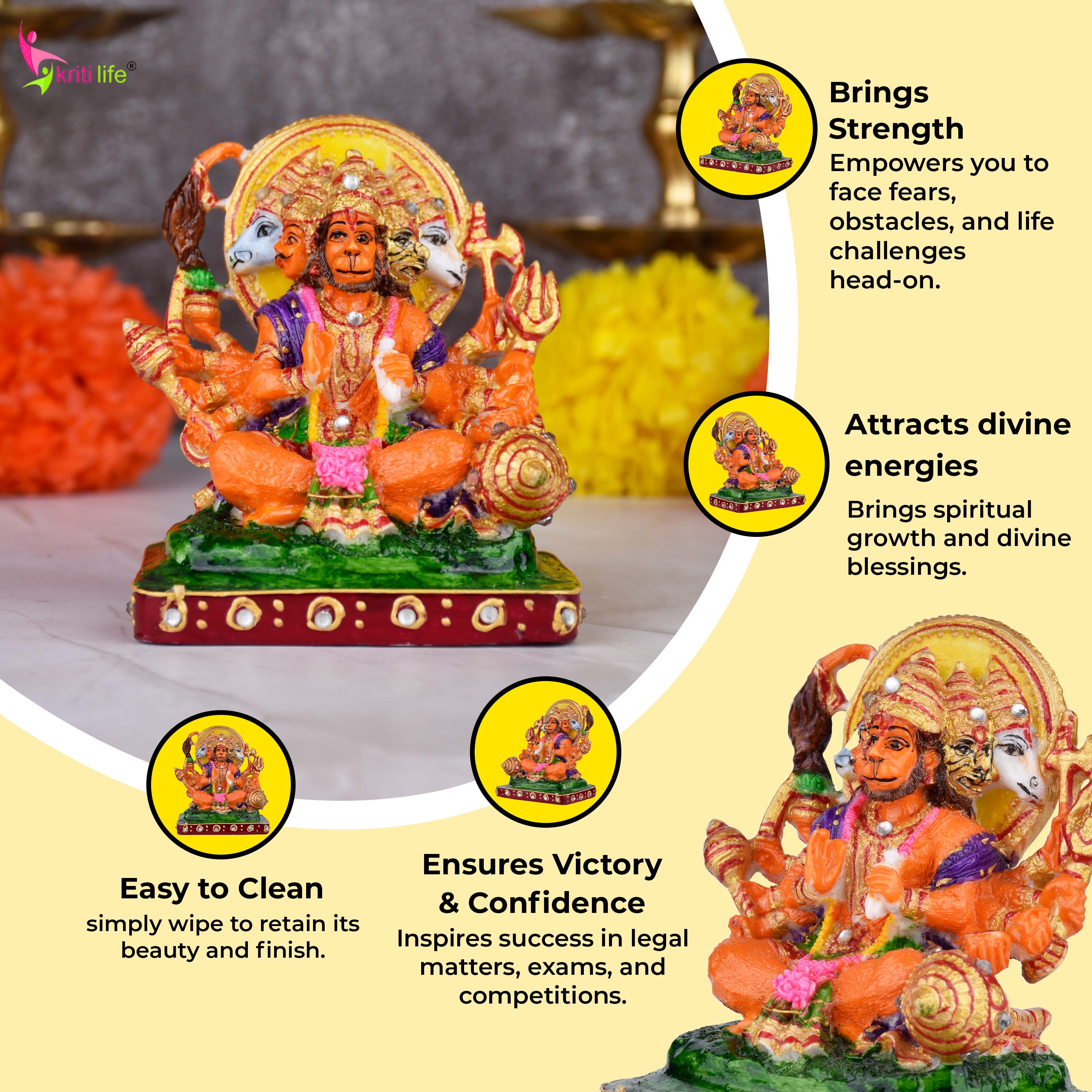 Panchamukhi Hanuman Idol | 3.5 inches | Multicolor Marble Dust Statue for Home & Temple