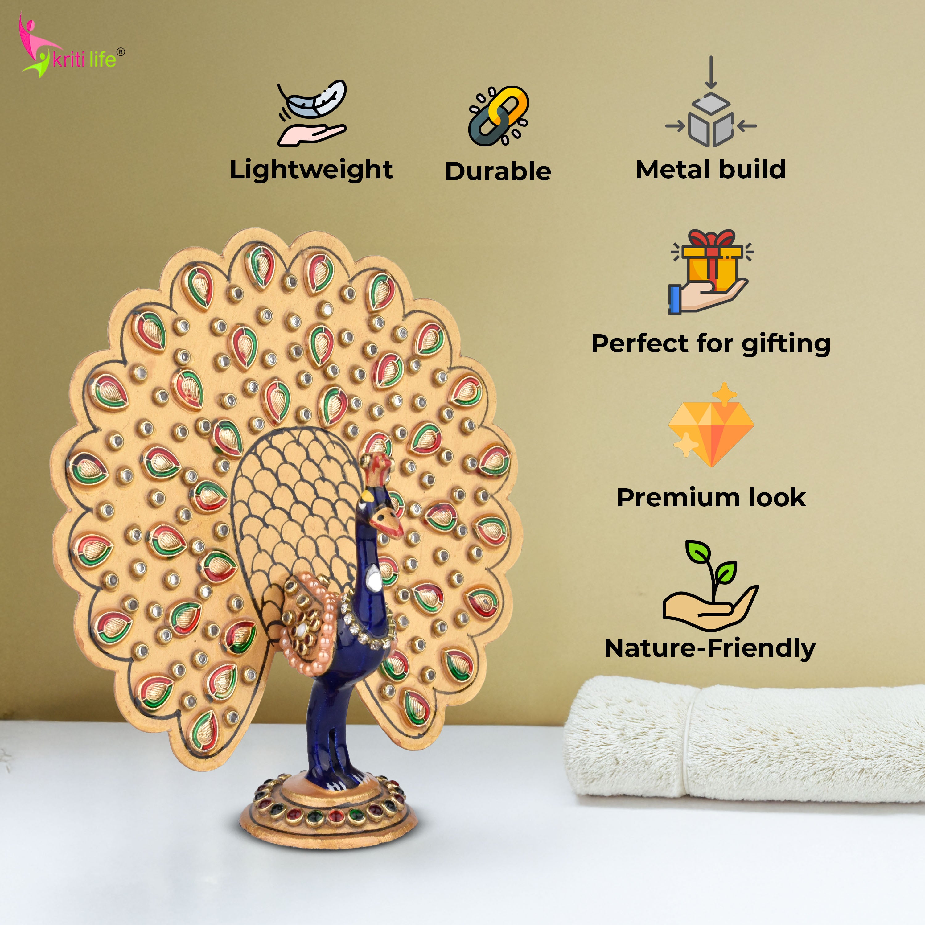 Handcrafted Aluminium Peacock Showpiece with Open Feather Fan - 5 inches