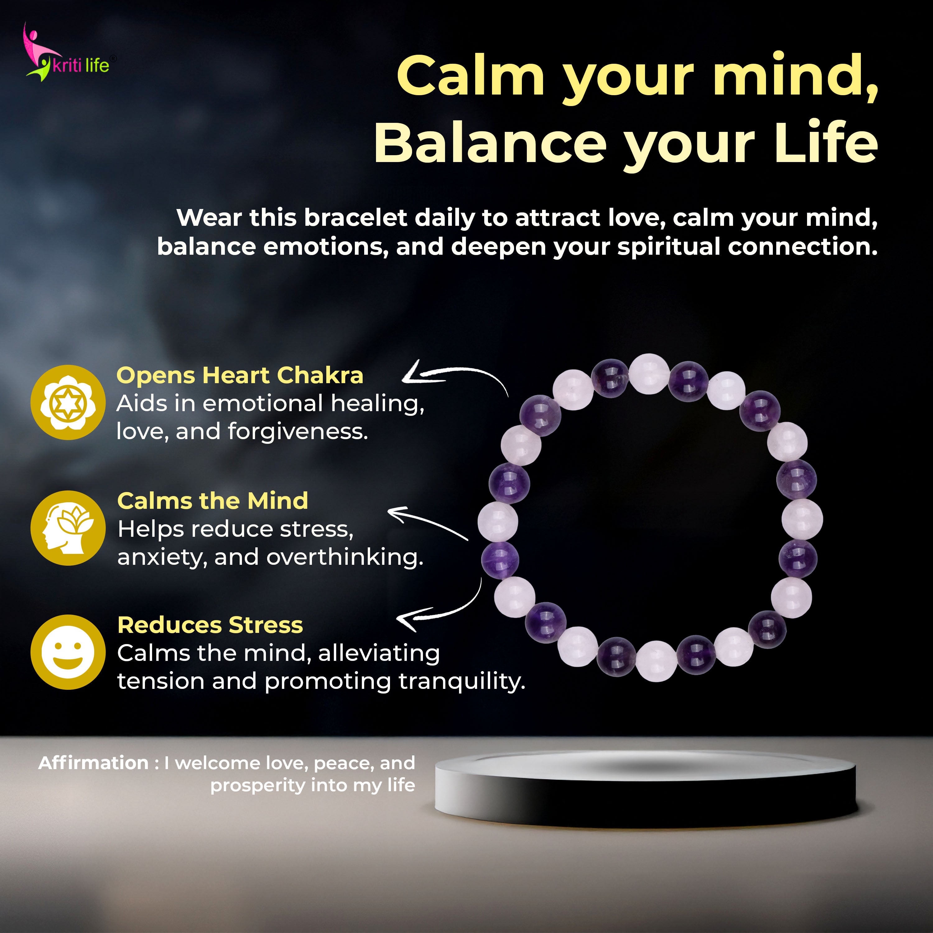 Natural Amethyst  & Rose Quartz Crystal Stone Bracelet 8mm