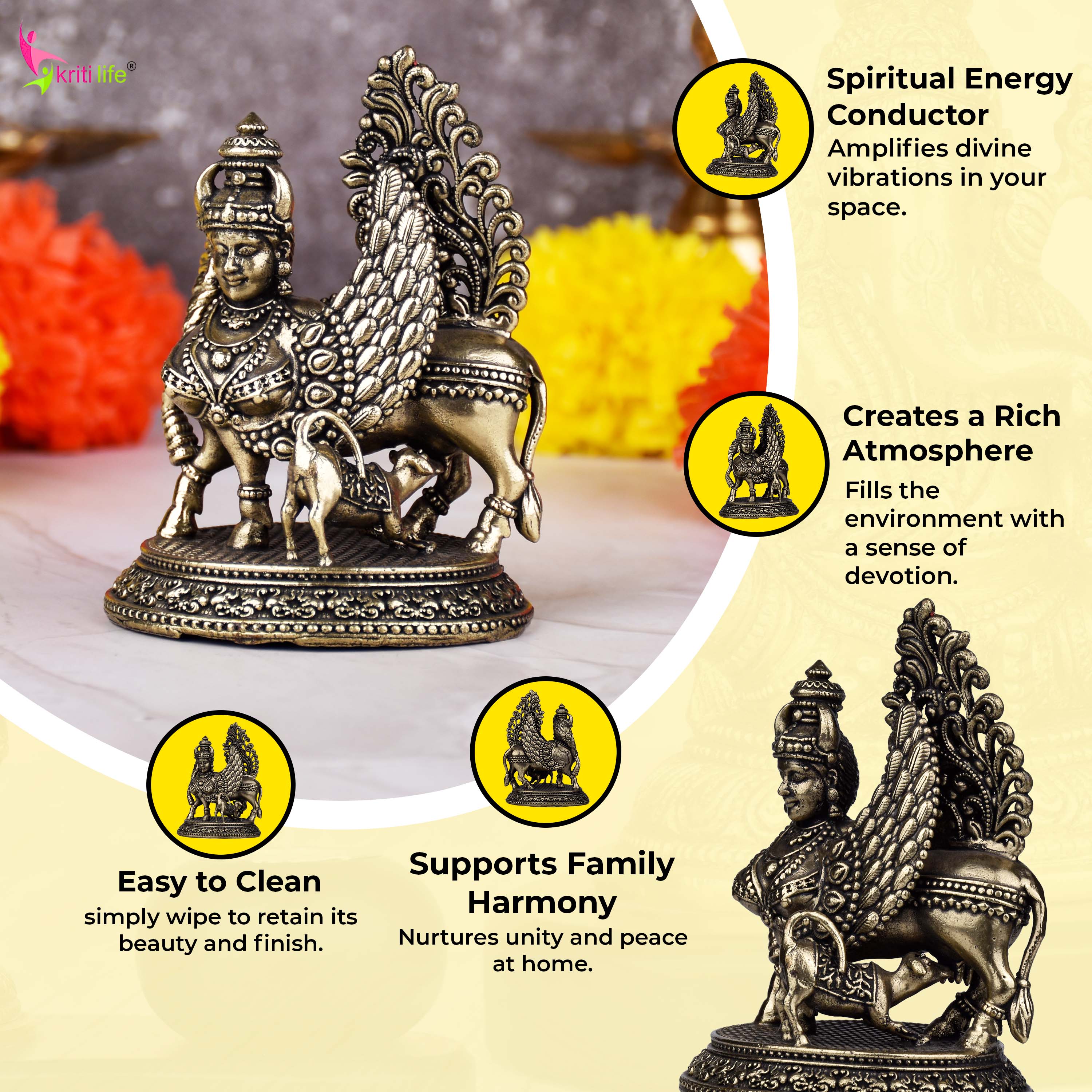 Antique Brass Kamdhenu Cow Statue 3 inches – Wish-Fulfilling Divine Cow Idol for Home & Temple