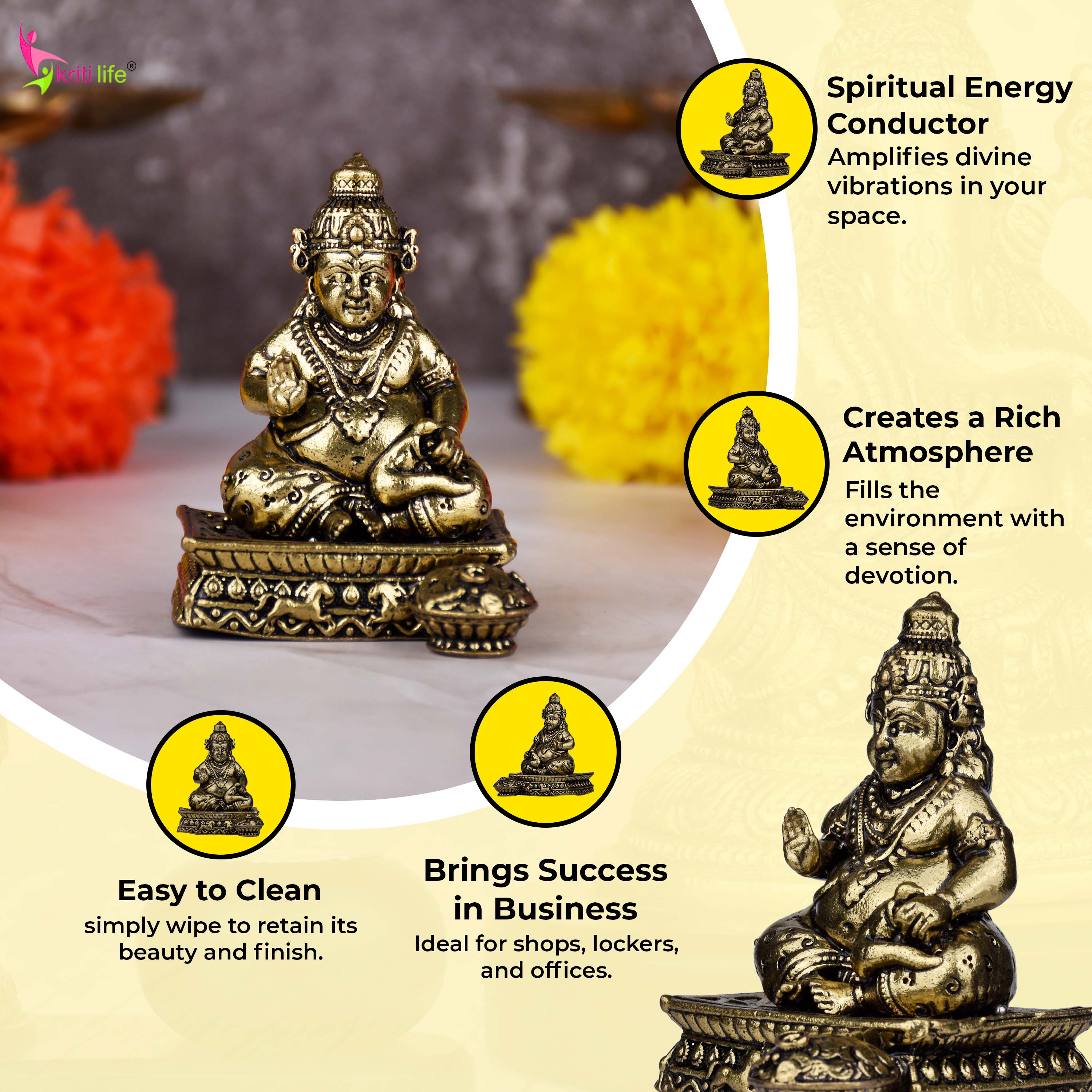 Brass Lord Kuber Idol – Hindu God of Wealth & Prosperity Statue for Home Decor & Pooja | 2.5 inches (Small Size) |