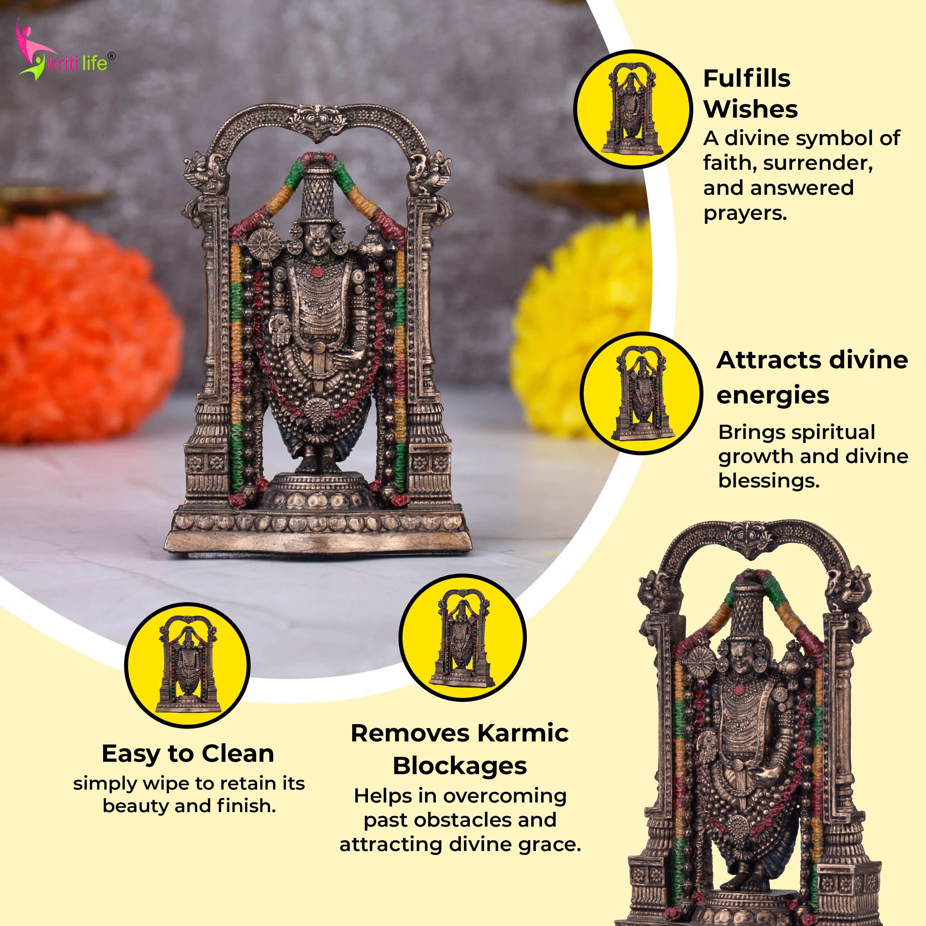 Lord Venkateswara Idol | Antique Finish - 3 inches - Polyresin Balaji Statue for Home Temple & Gifting