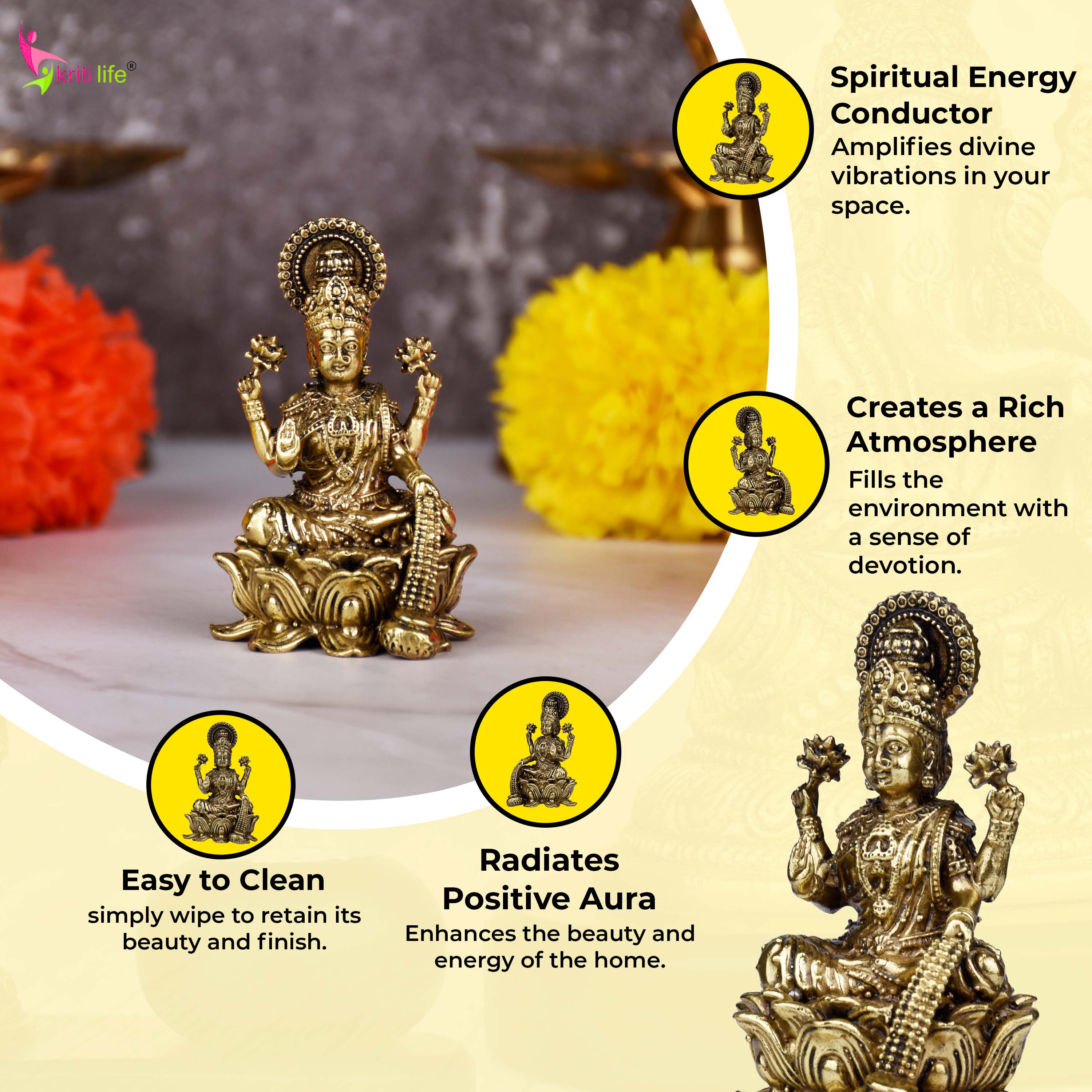 Brass Goddess Lakshmi Idol – Wealth & Prosperity Hindu Statue for Pooja & Decor | 2.5 inches (Small Size) |