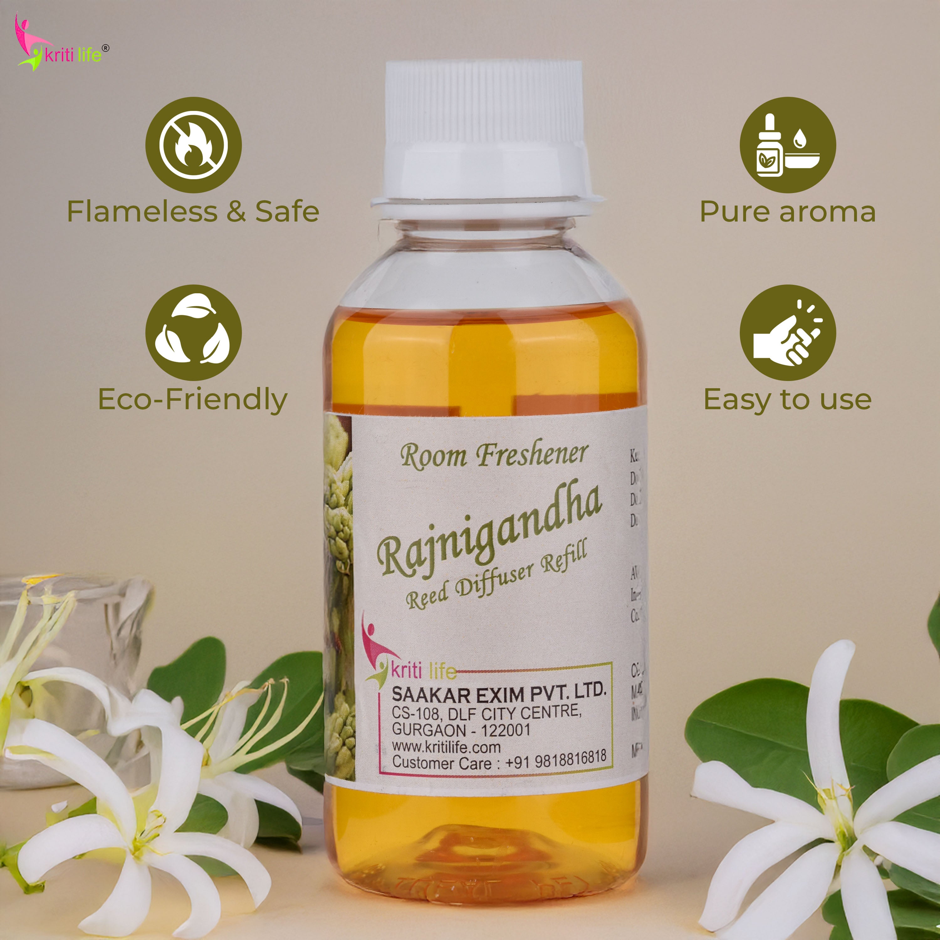 Kriti Life Reed Diffuser Refill - Rajni Gandha 90ML Long-Lasting Room Fragrance