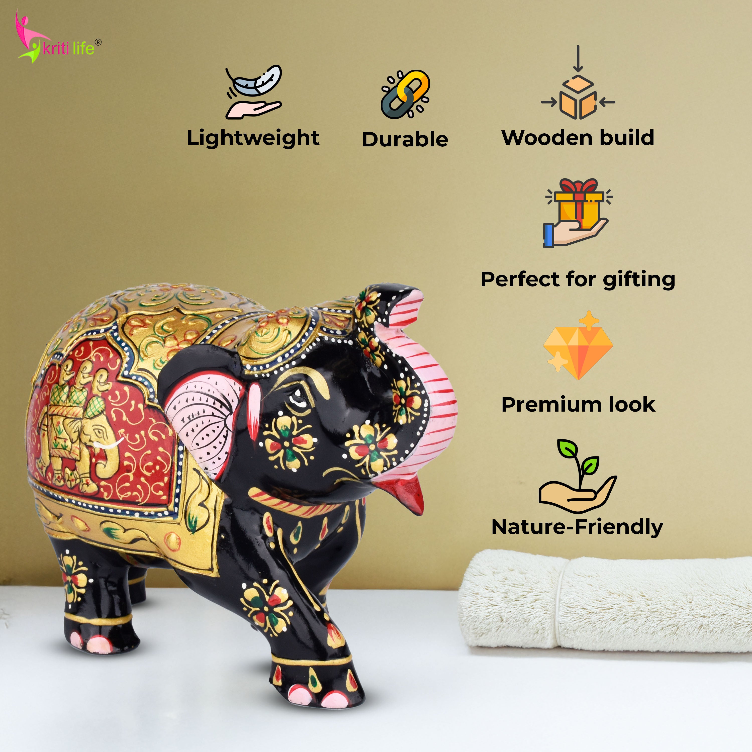 Wooden Painted Elephant | Rajasthani Folk Art Decor Showpiece- 5.5 inches
