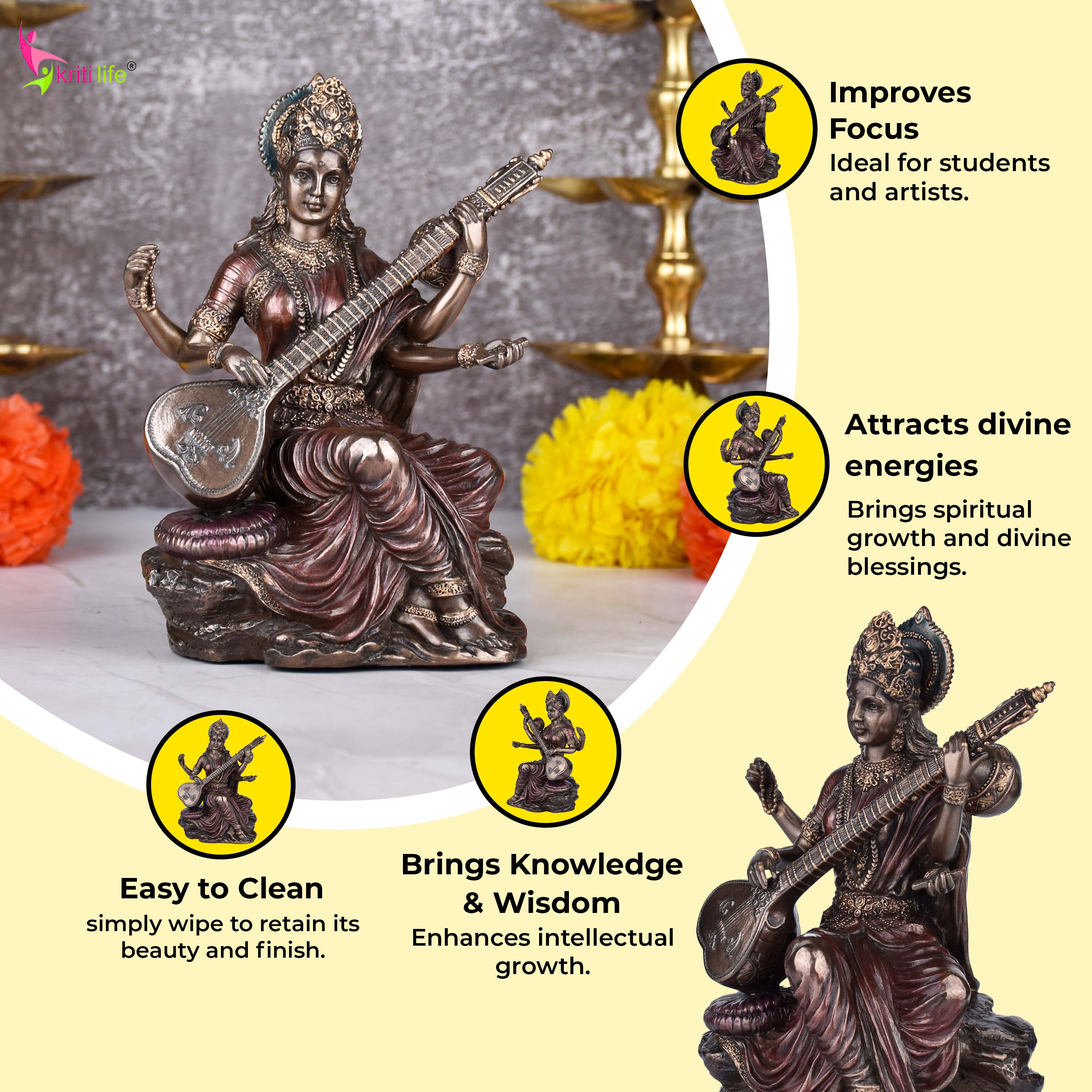 Elegant Saraswati Idol in Polyresin | 6  inches | – Handcrafted Goddess of Knowledge Figurine for Home & Office Décor