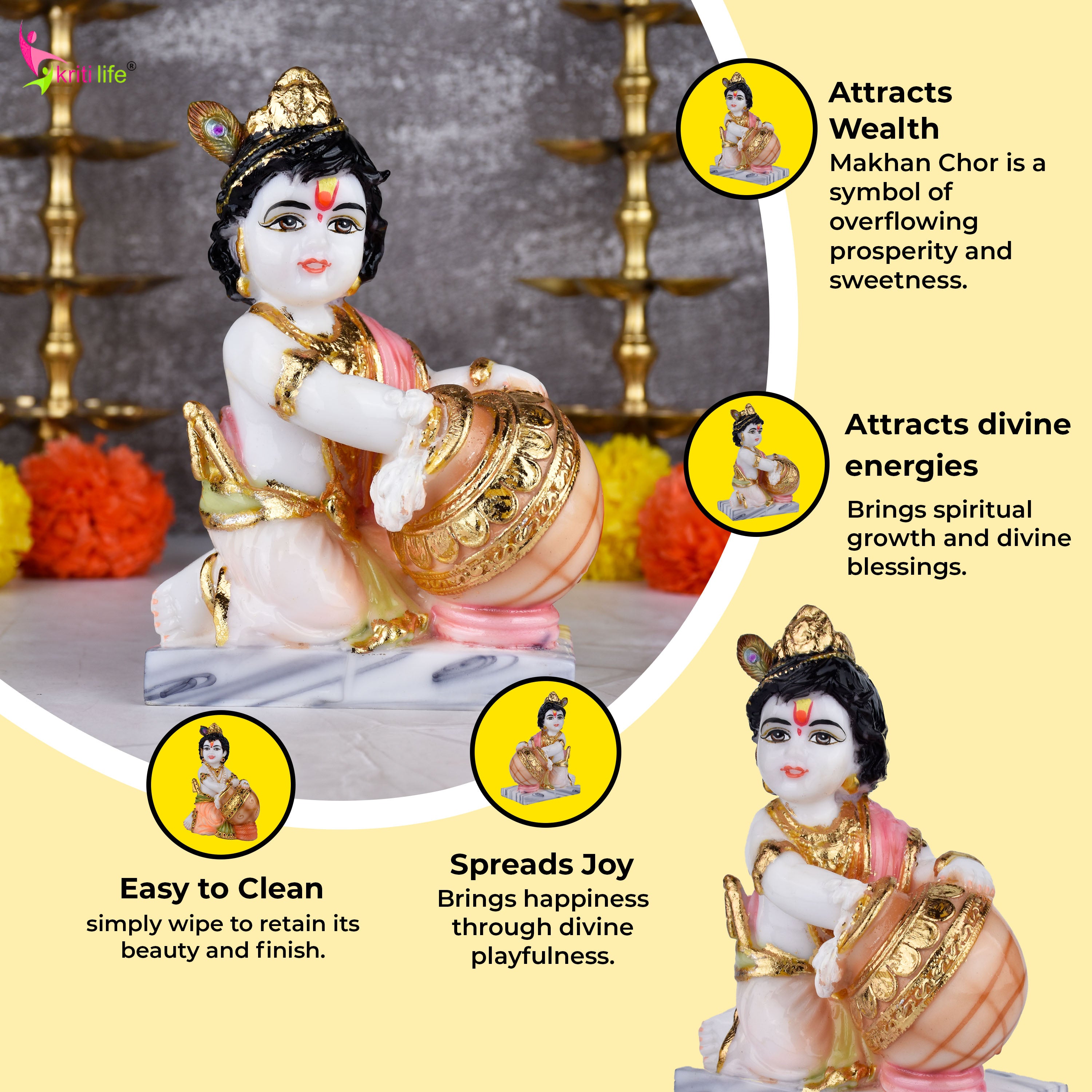 Makhan Chor Krishna Idol 7 inches – Polyresin Decorative Statue for Home Temple & Gifting