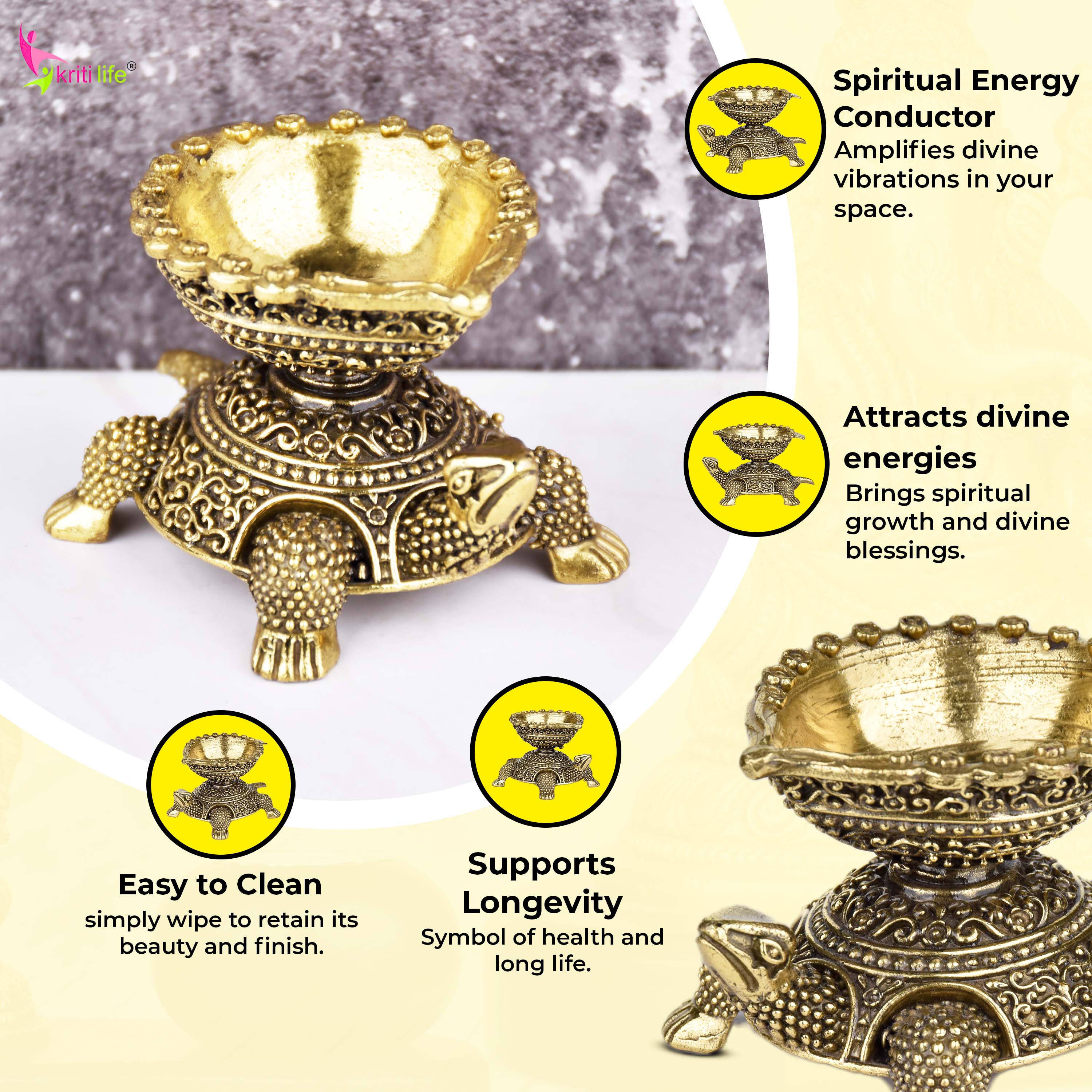 Brass Turtle Design Diya – Antique Finish Oil Lamp 3 inches for Pooja, Vastu & Décor