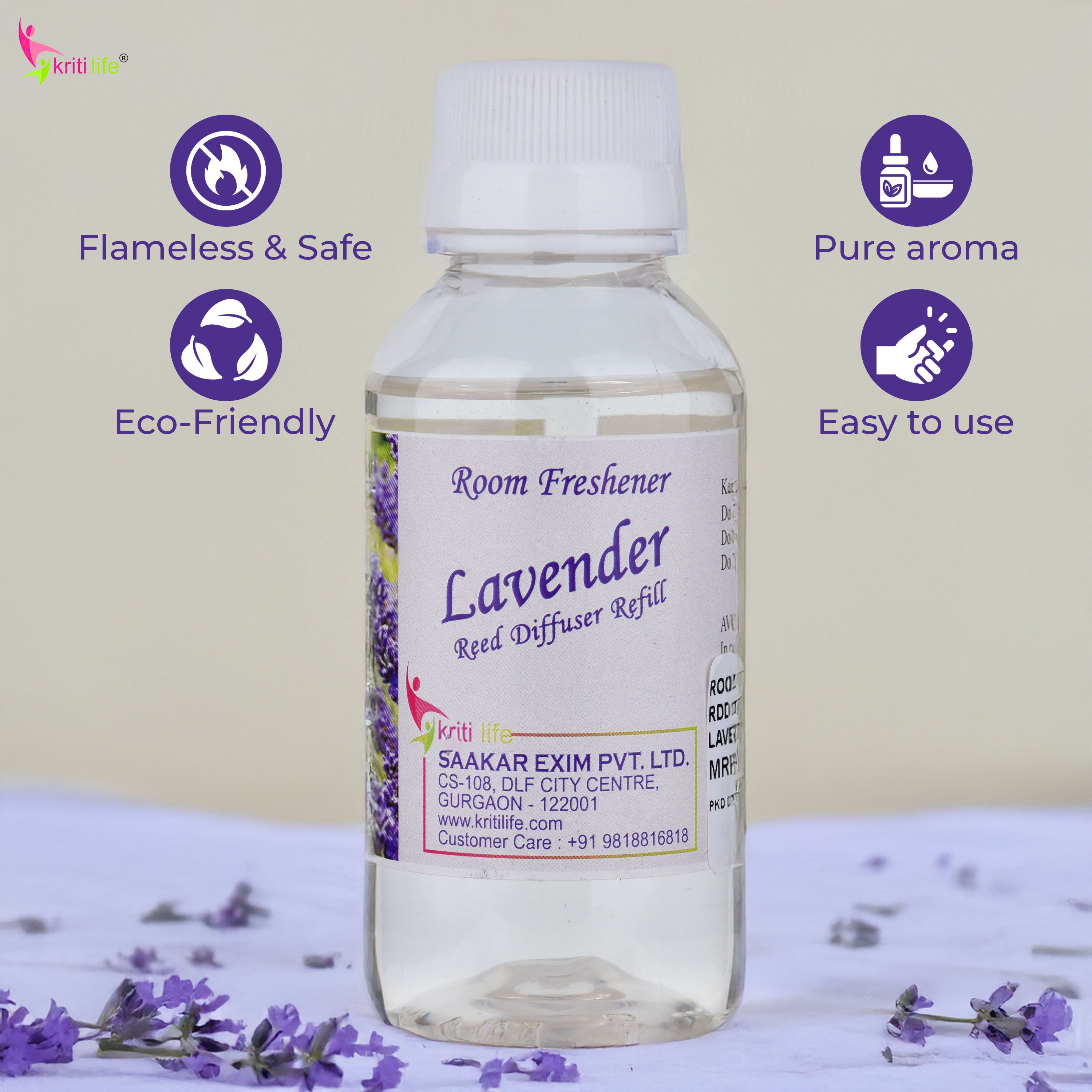 Kriti Life Reed Diffuser Refill - Lavender 90ML Long-Lasting Room Fragrance