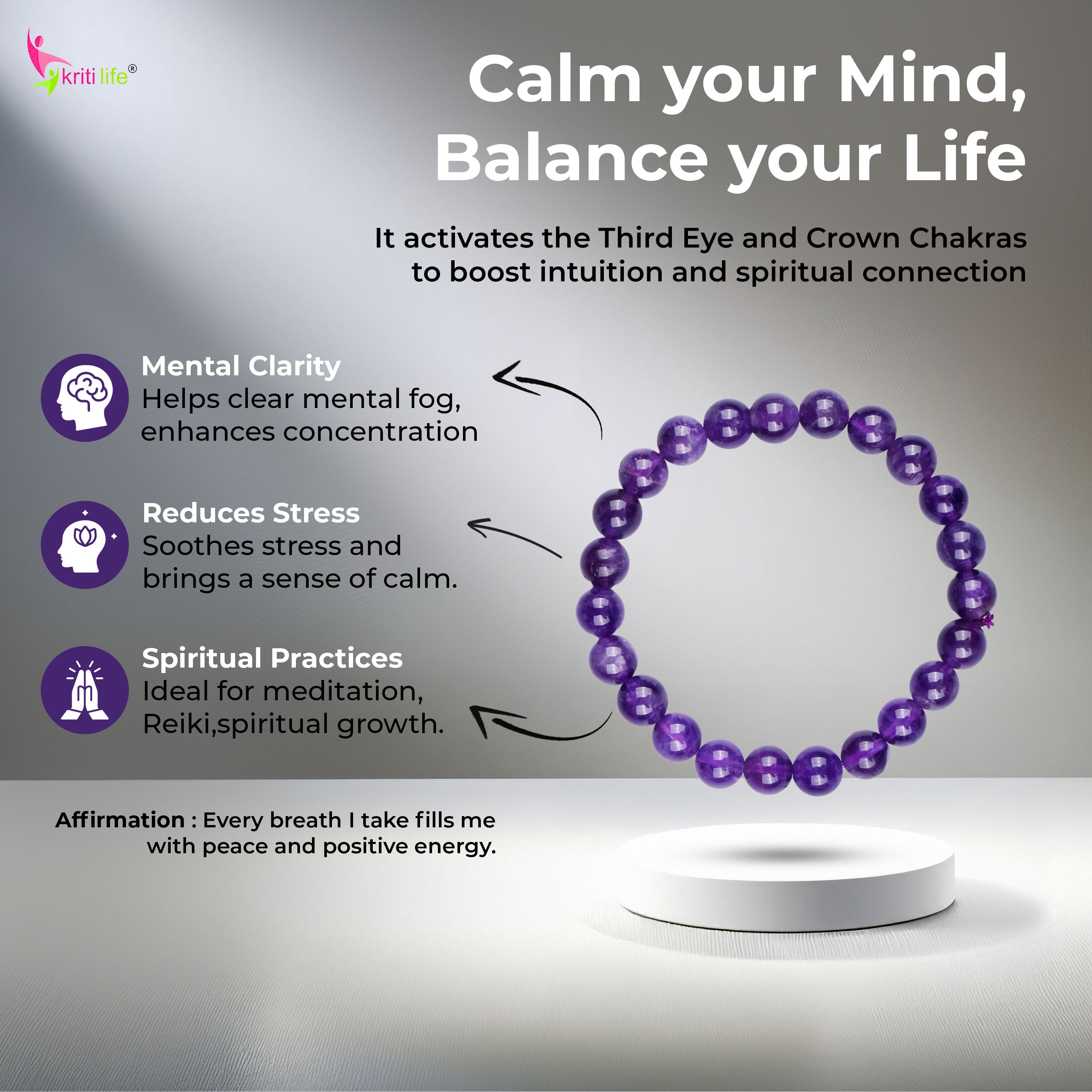 Natural Amethyst Crystal Stone Bracelet 8mm