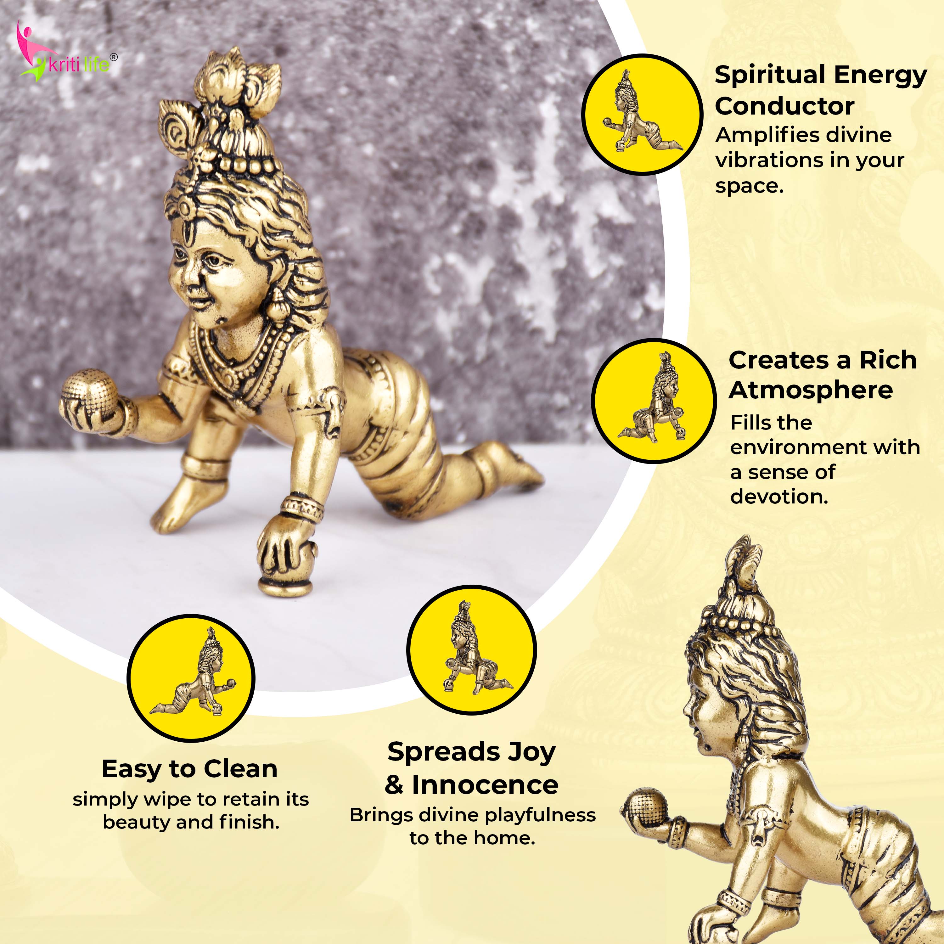 Brass Laddu Gopal Idol | Bal Gopal (Baby Krishna) | 3 inches | Crawling Murti for Pooja & Home Décor