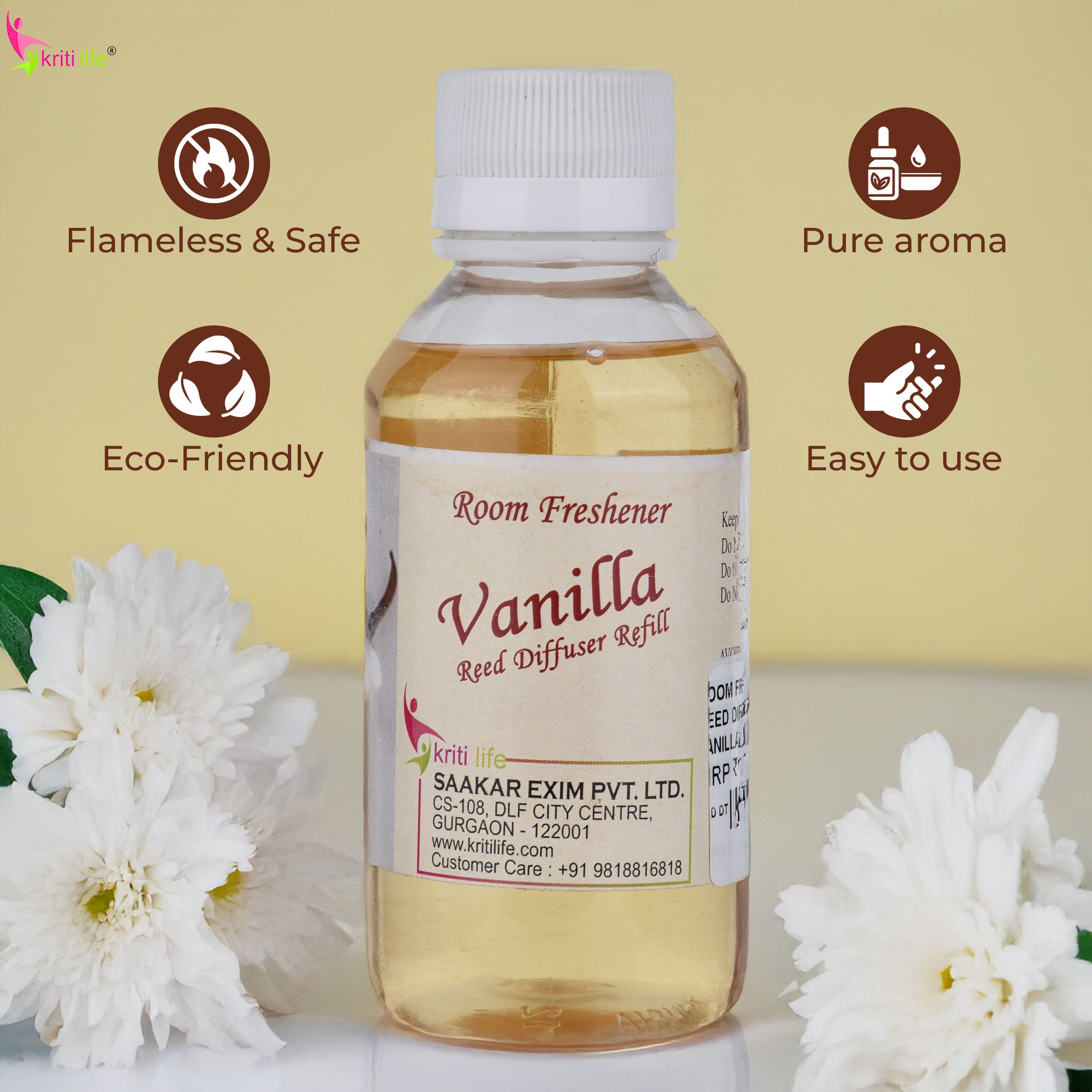Kriti Life Reed Diffuser Refill - Vanilla 90ML Long-Lasting Room Fragrance