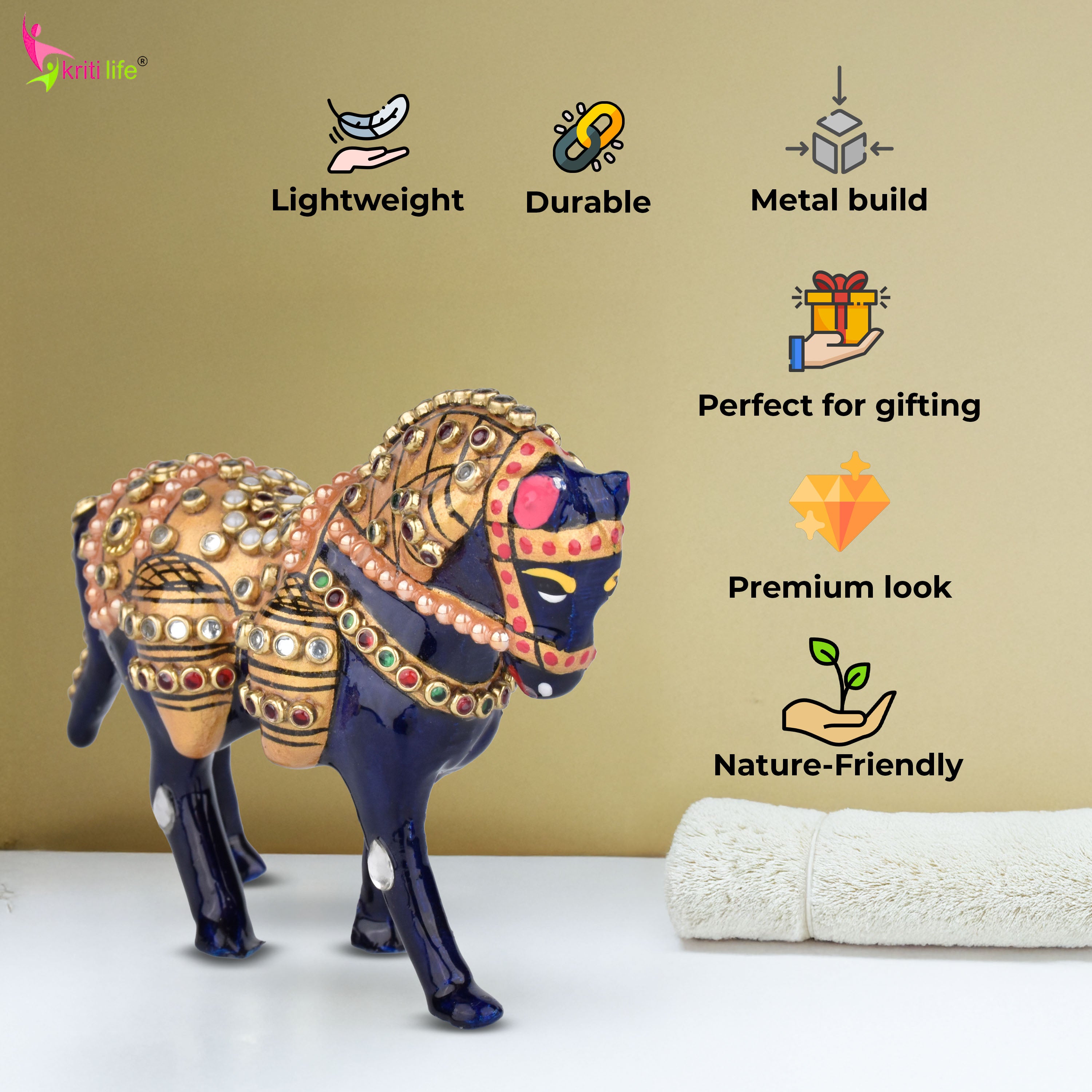 Handcrafted Aluminium Horse Showpiece | Ethnic Decor with Stonework - 3.5 inches