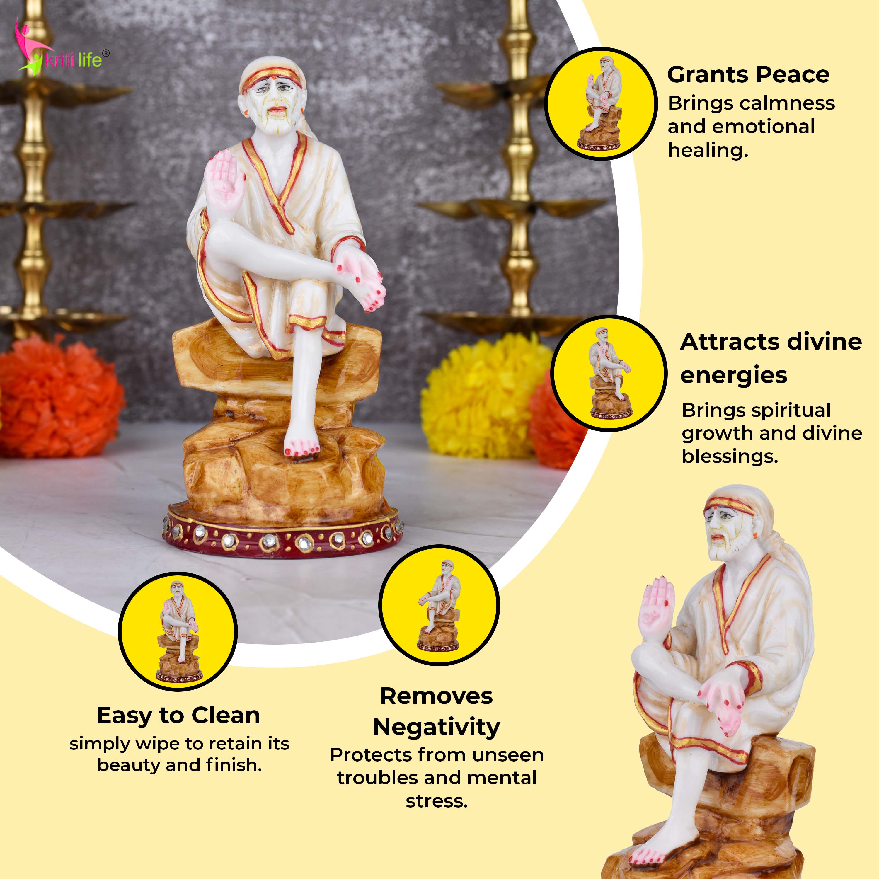 Blessing Sai Baba Idol in Marble Dust | 6 inches | – Sitting on Rock Design