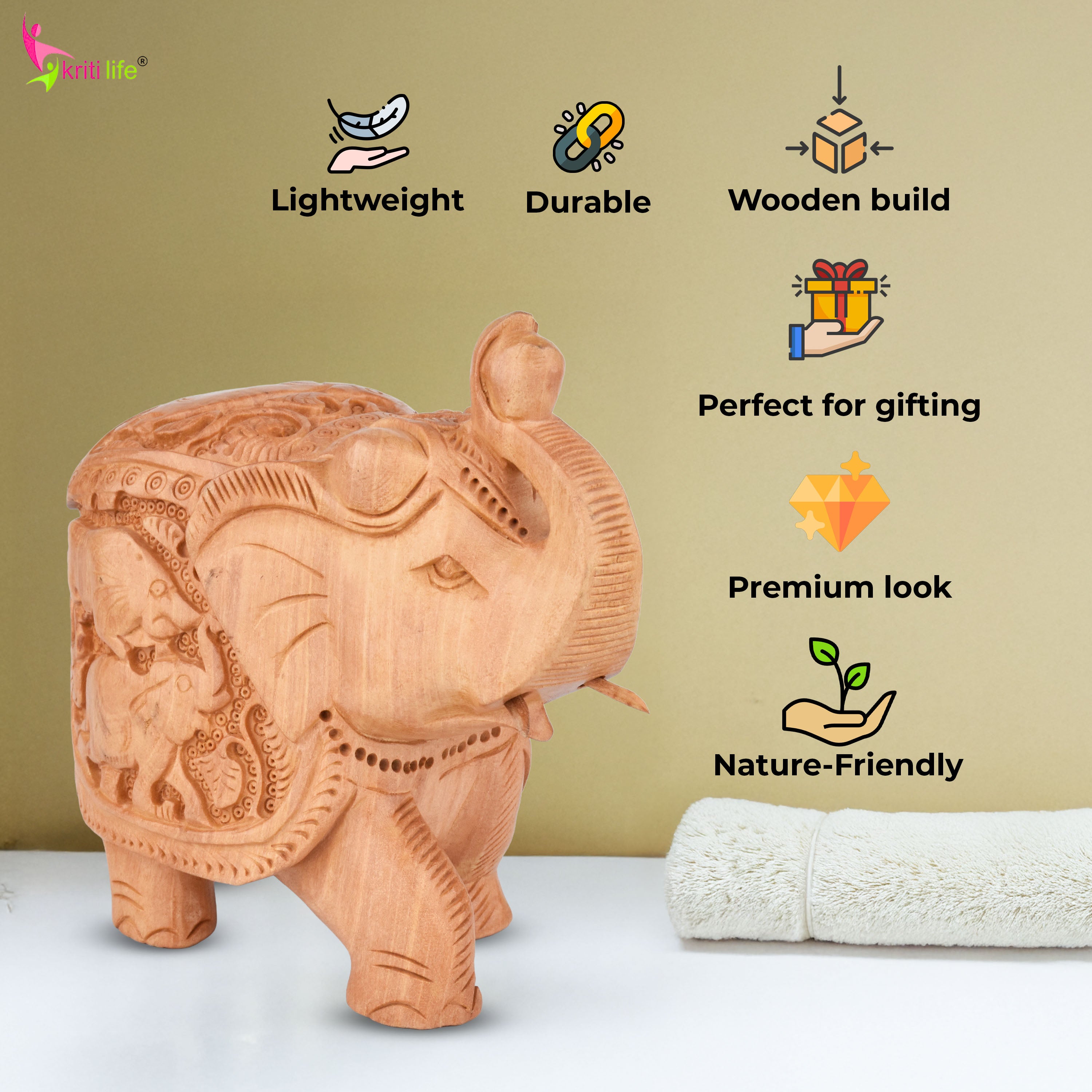 Handcrafted Wooden Elephant Showpiece | Intricate Animal Carving Decor- 6 inches