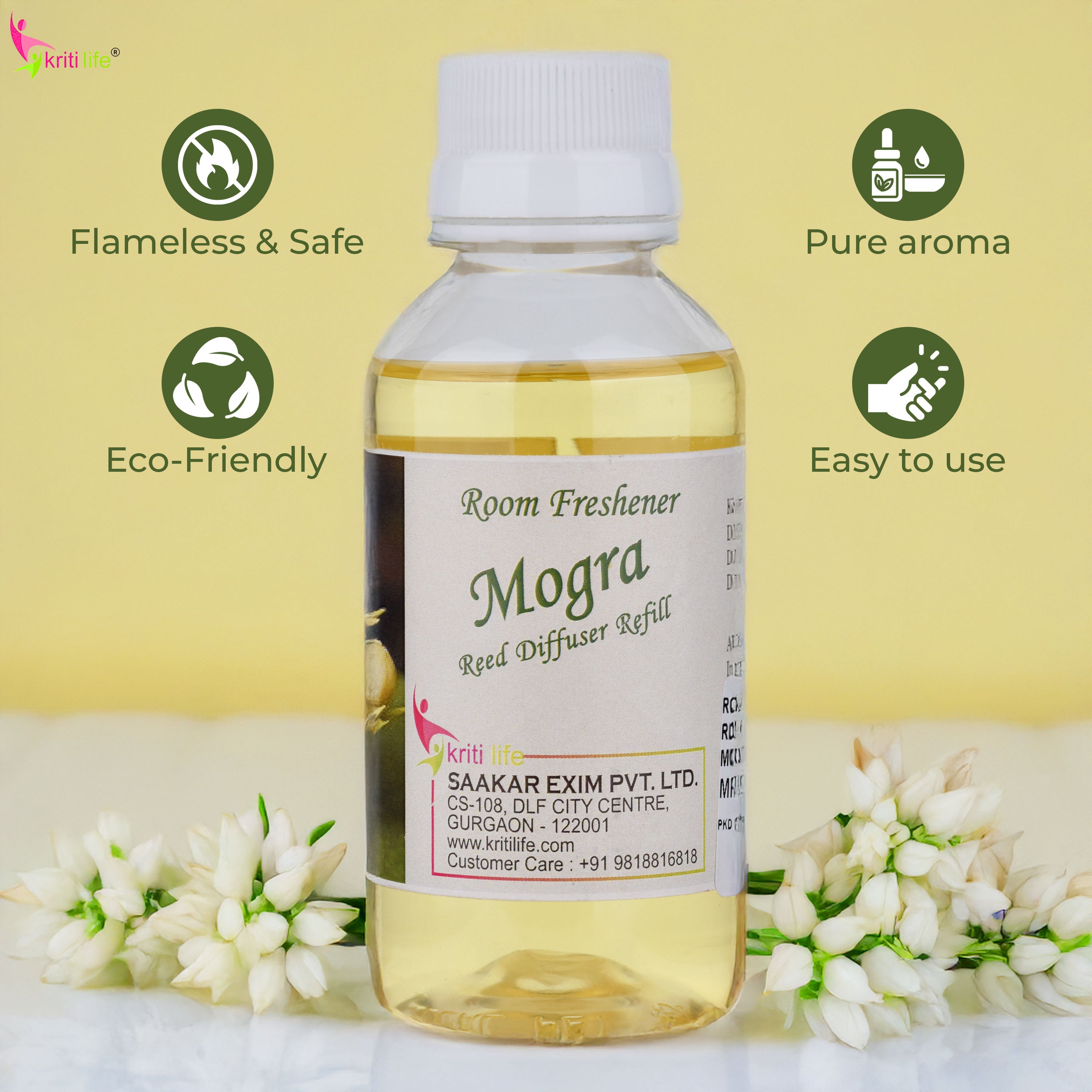 Kriti Life Reed Diffuser Refill - Mogra 90ML Long-Lasting Room Fragrance