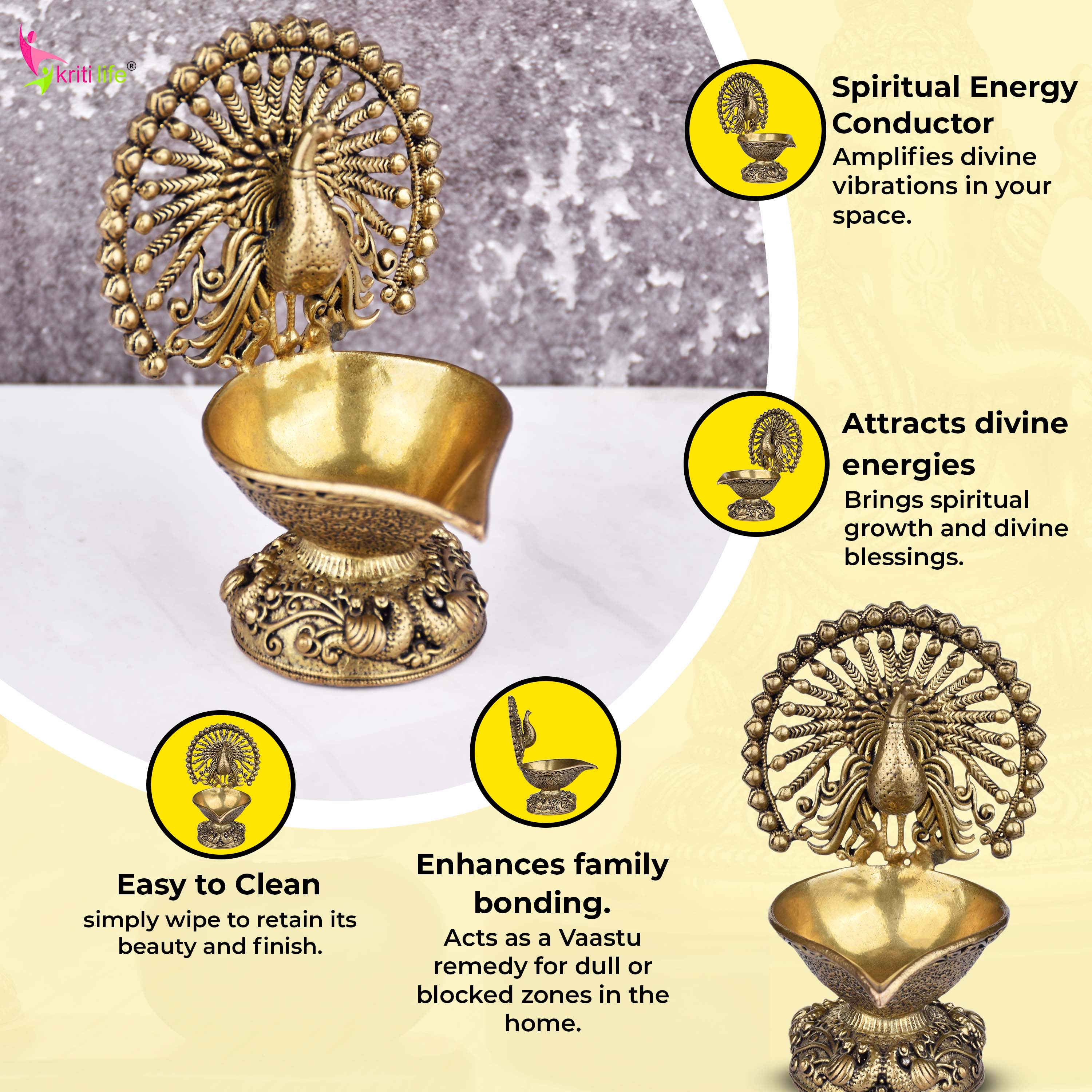 Brass Peacock Design Diya – Traditional Oil Lamp 4 inches for Pooja, Home & Festive Décor
