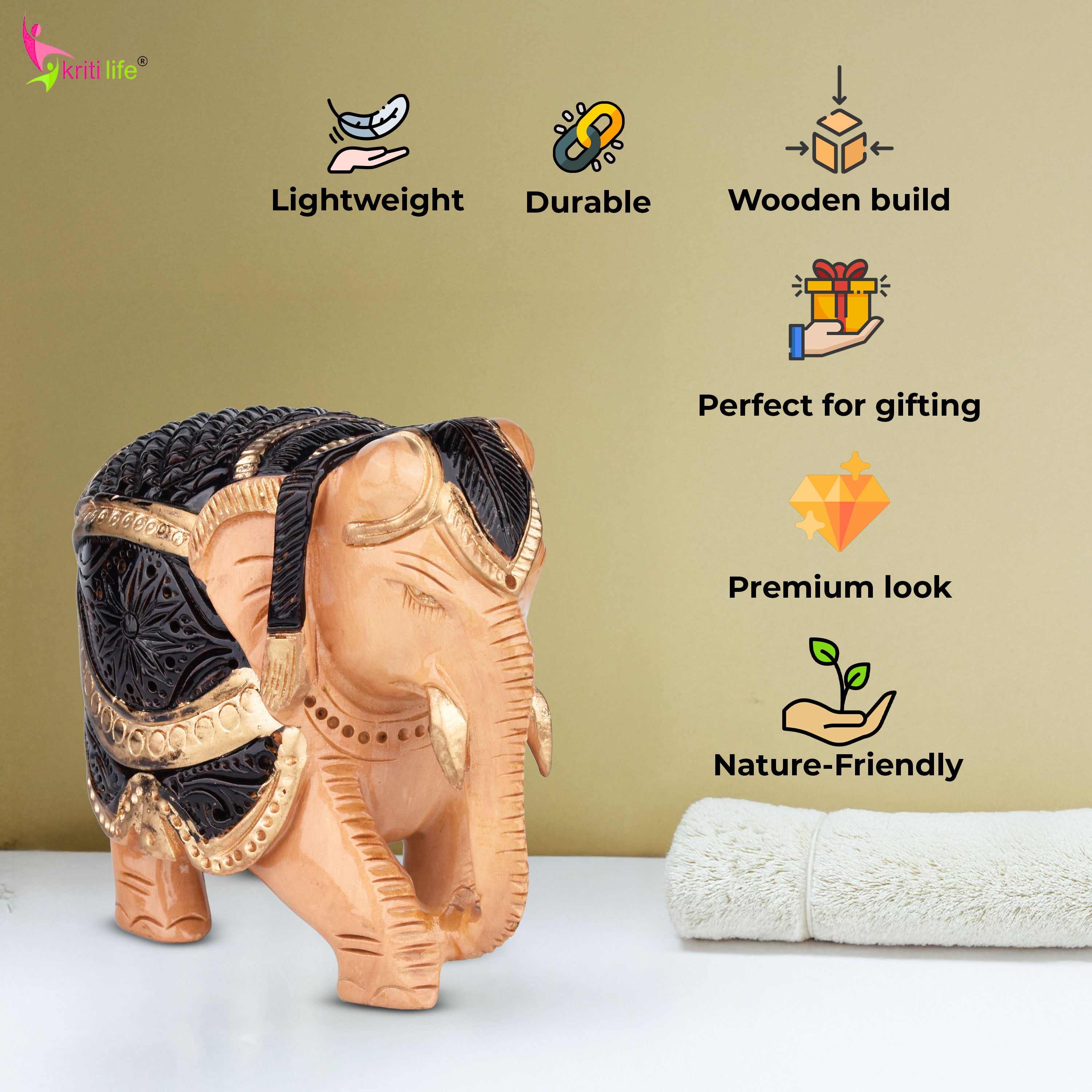 Handcrafted Wooden Elephant Showpiece | Brawn & Gold Painted Rajasthani Art- 4.5 inches