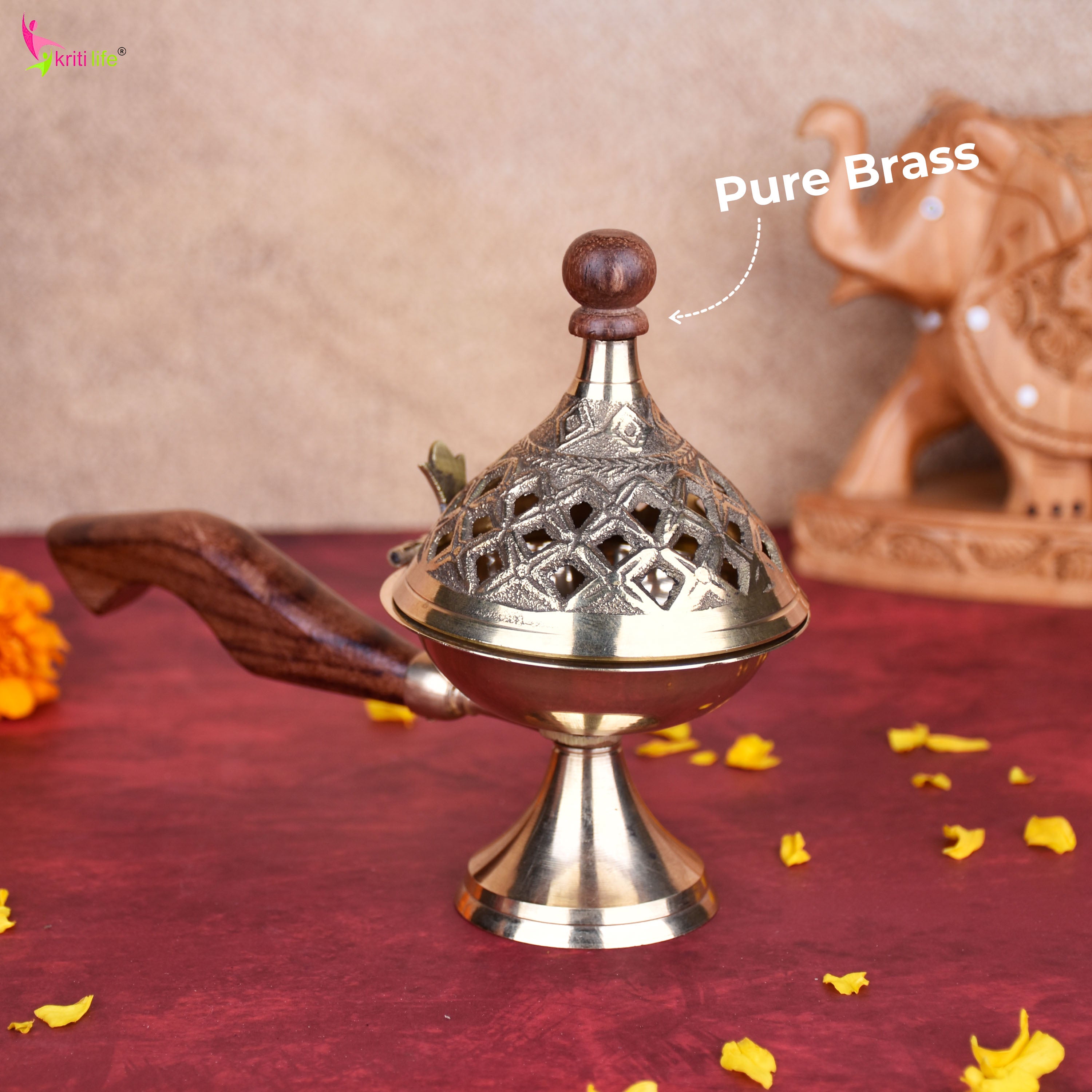 Brass Dhupiya with Wooden Handle | Traditional Jaali Dhoop Burner- 4.5 inches for Pooja