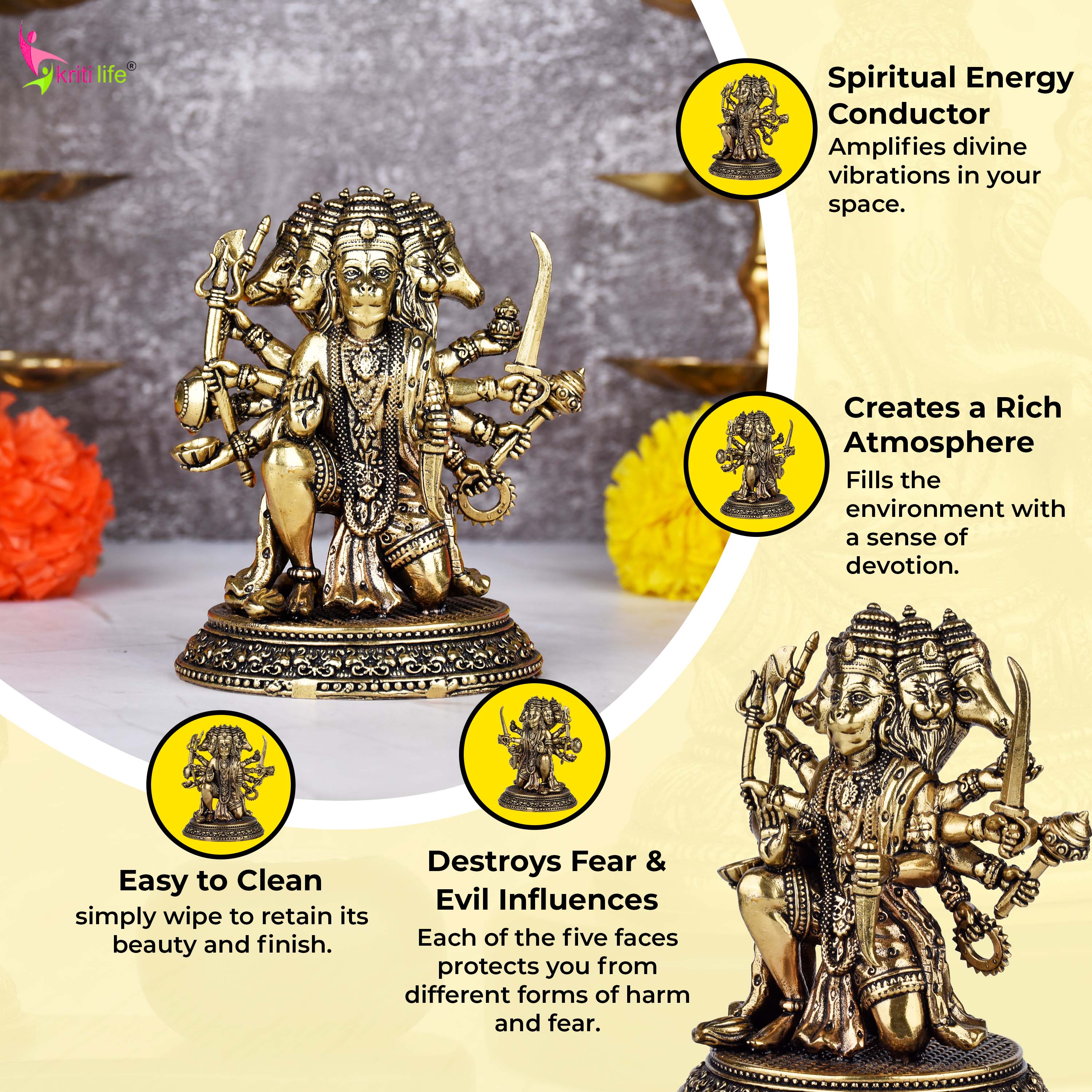 Brass Panchamukhi Hanuman Idol | Five-Faced Hanuman Statue 4 inches for Home Temple & Protection
