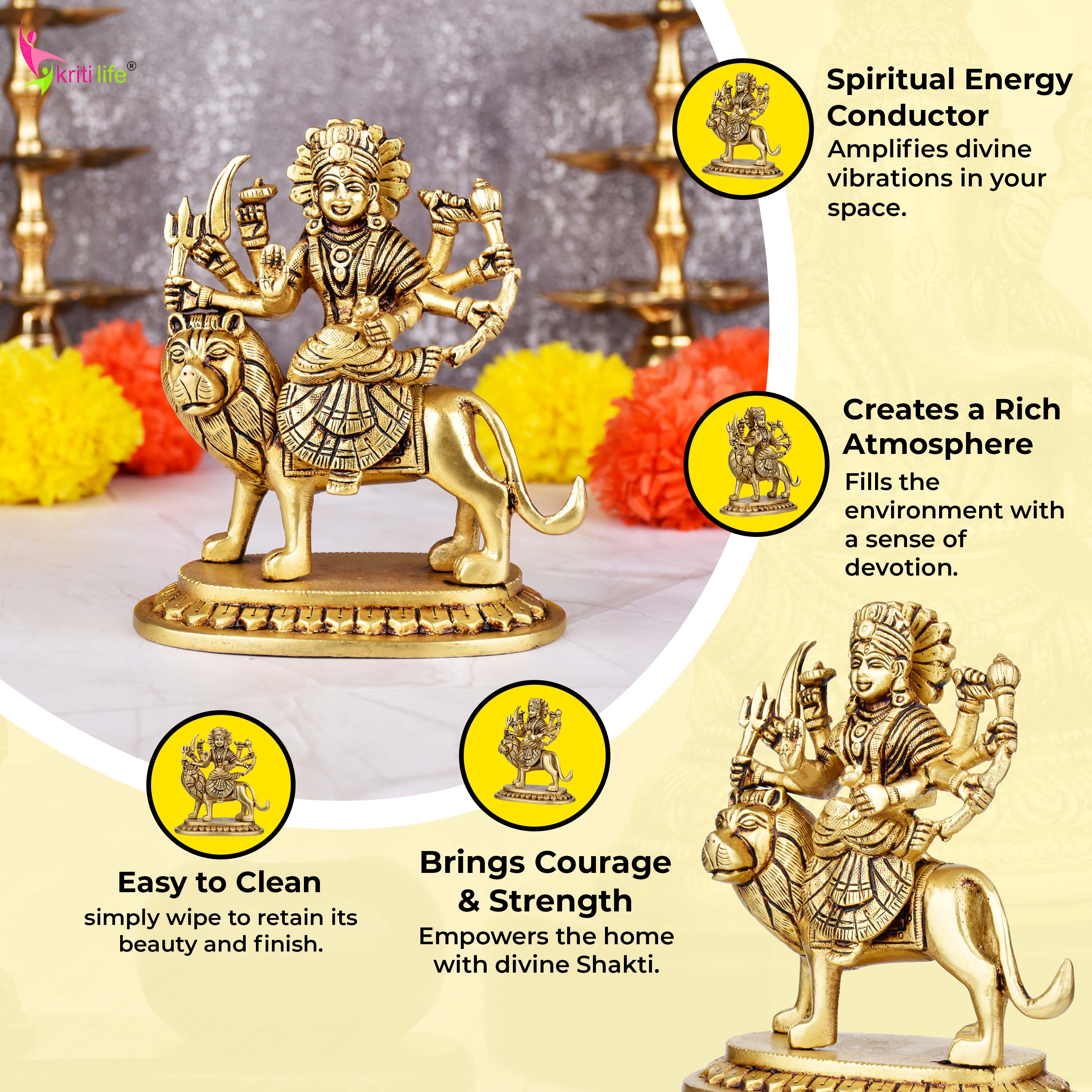 Brass Durga Maa Idol on Lion | 5.5 inches | 8-Handed Hindu Goddess Figurine for Navratri, Diwali & Gift