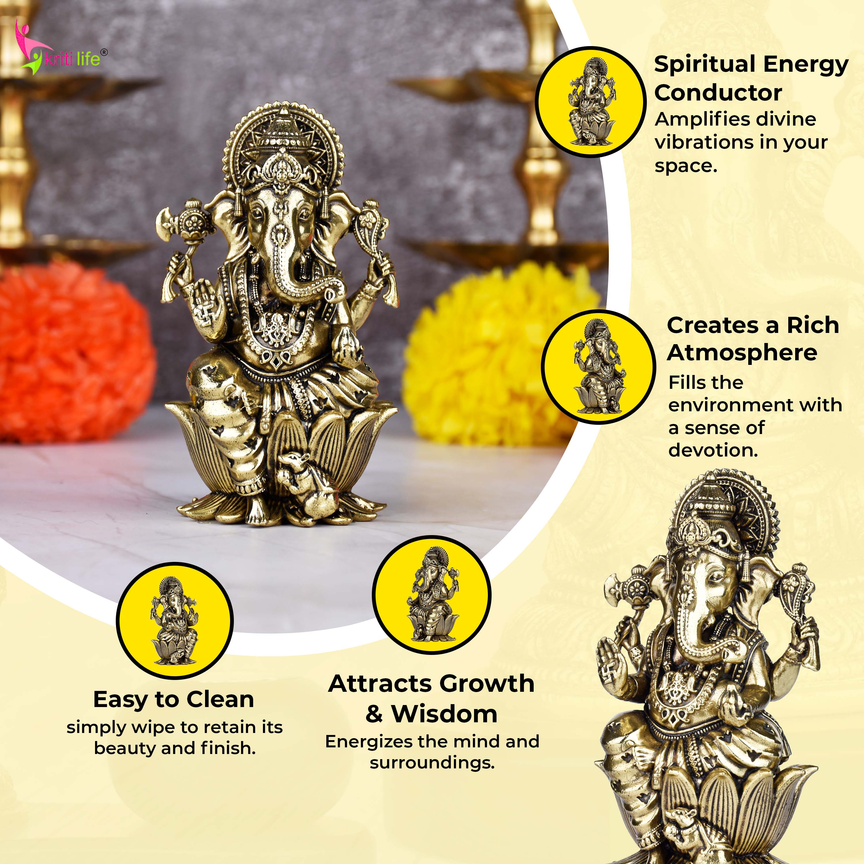 Brass Lord Ganesha Idol Sitting on Lotus – Antique Finish Decorative Statue 4 inches for Home & Office