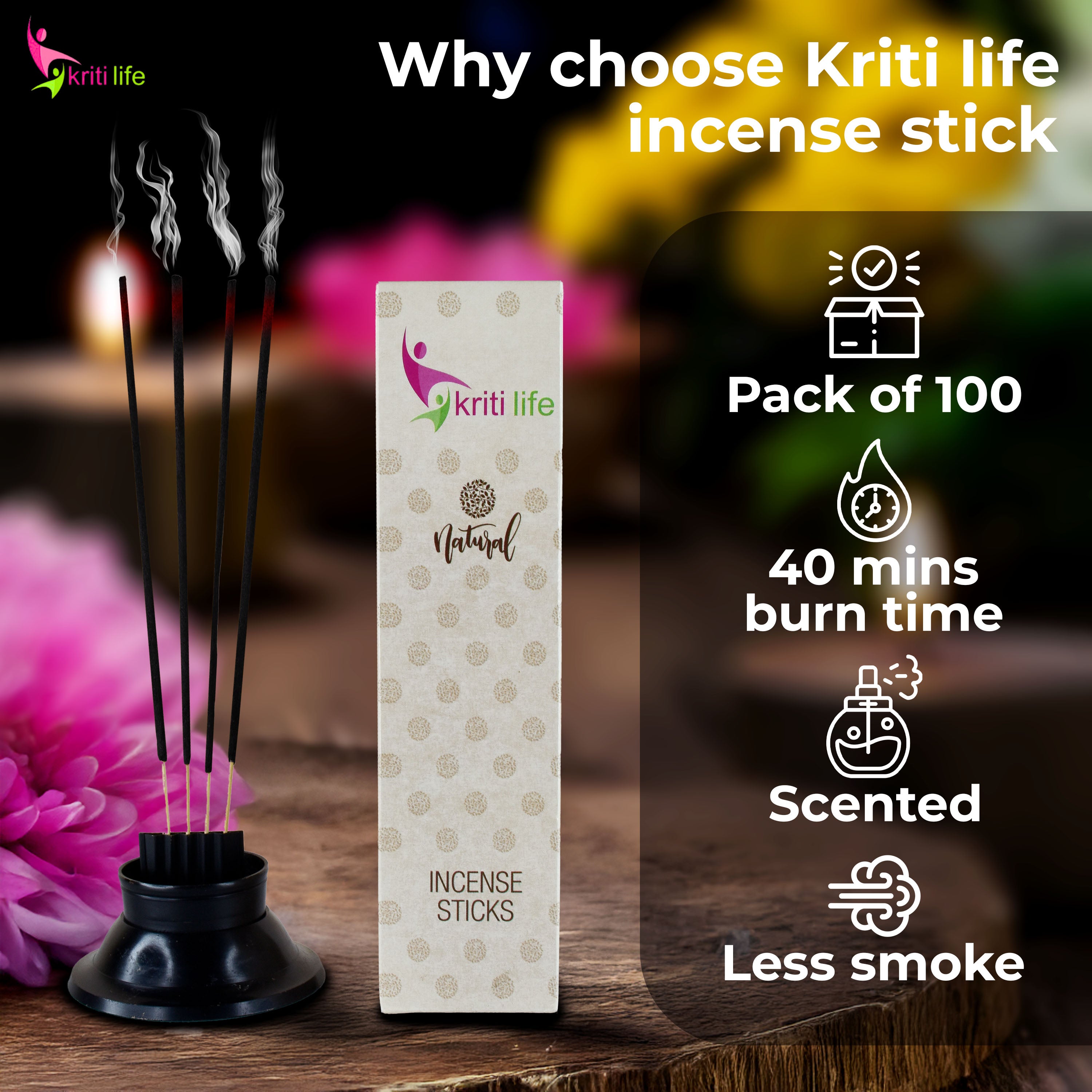 Kriti Life Incense Sticks - 4 Fragrance 100 Pcs Perfect for Puja &amp; Relaxation