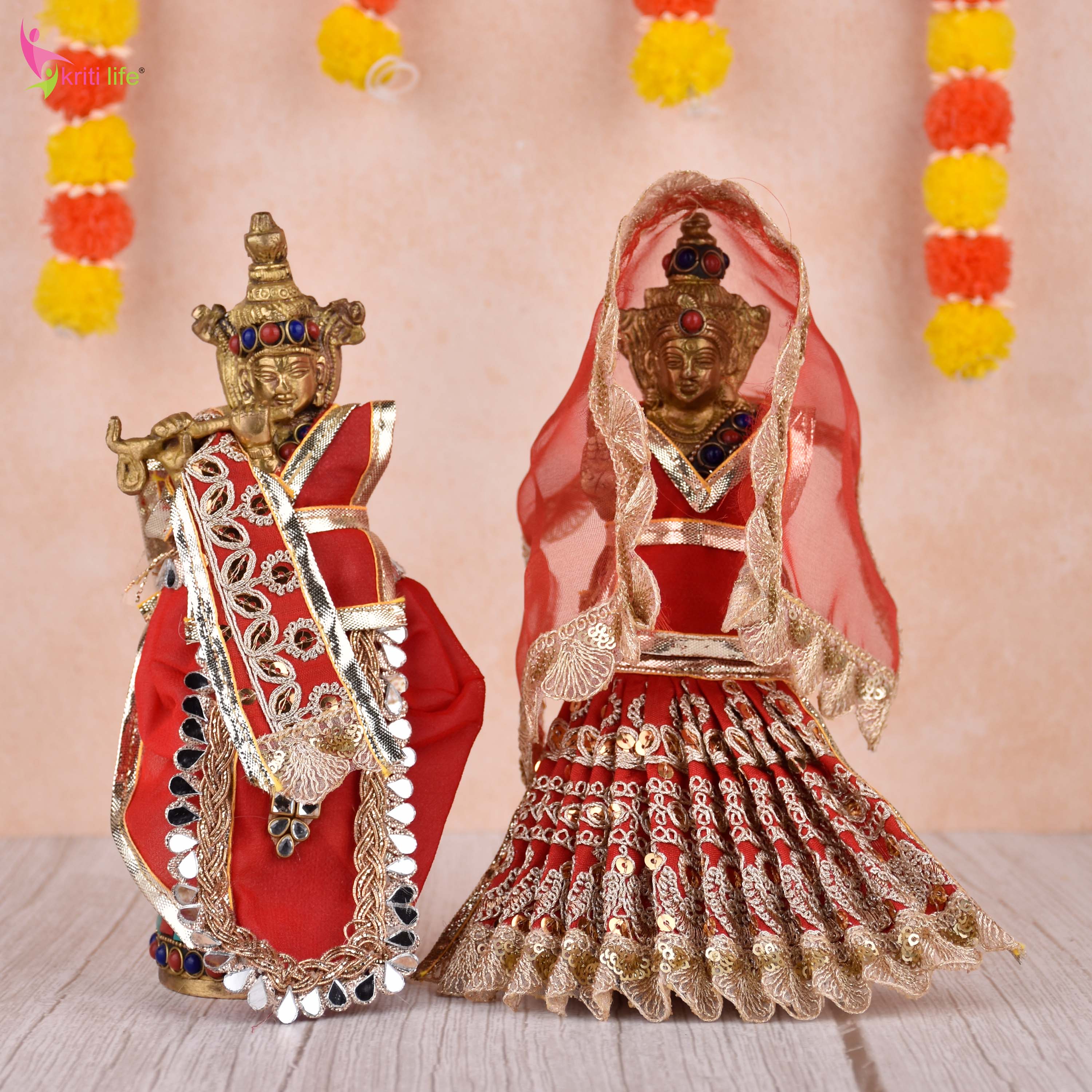 Red Radha Krishna Dress Set for 7.5 Inch Idol – Traditional Embroidered Vastra with Golden Lace