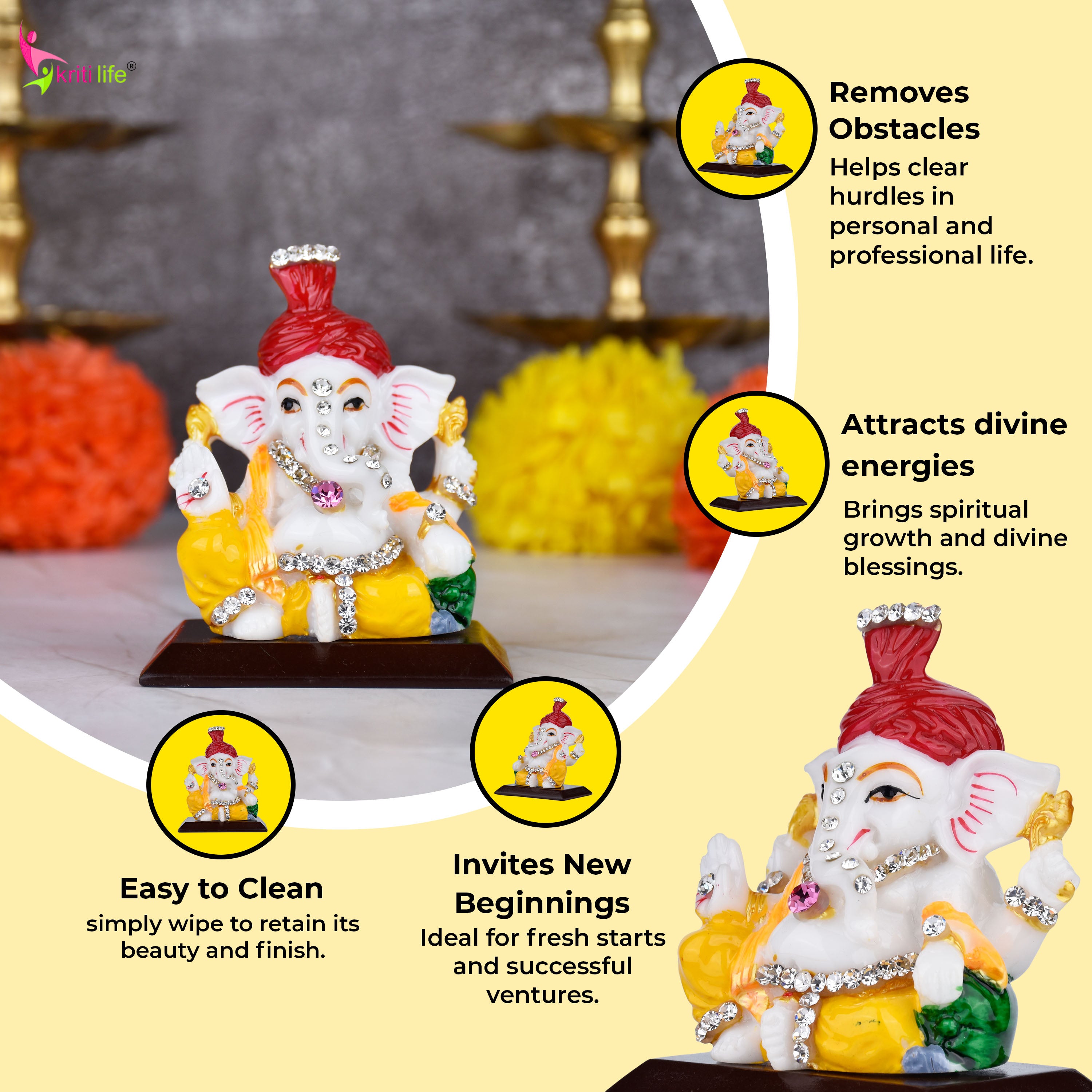 Decorative Lord Ganesha Idol with Diamond Embellishments – Polyresin Statue for Car Dashboard, Home, Office & Gift | 3 inches